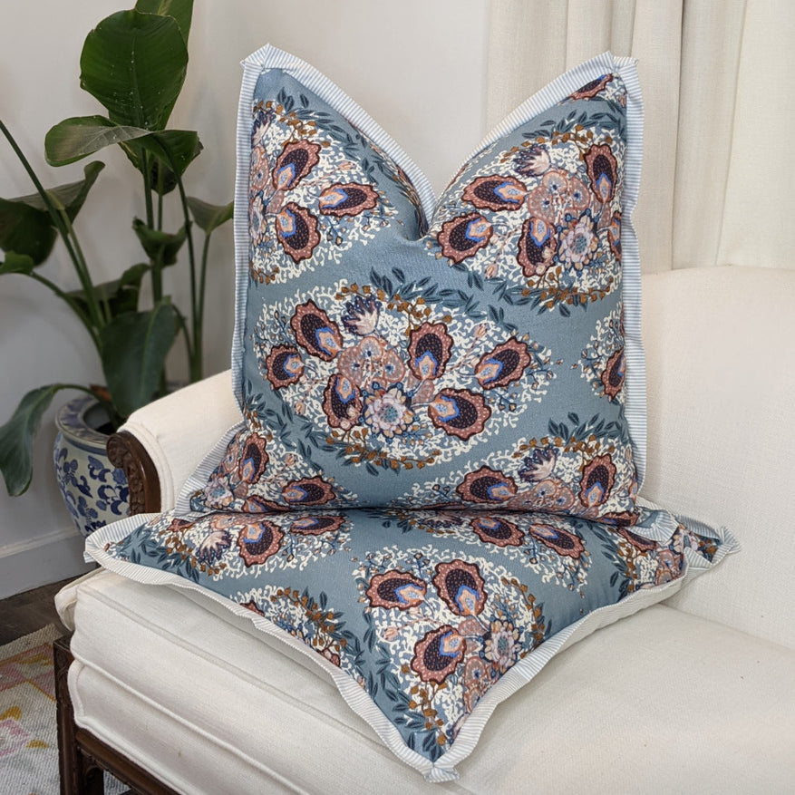 Floral patterned pillow cover in colonial blue