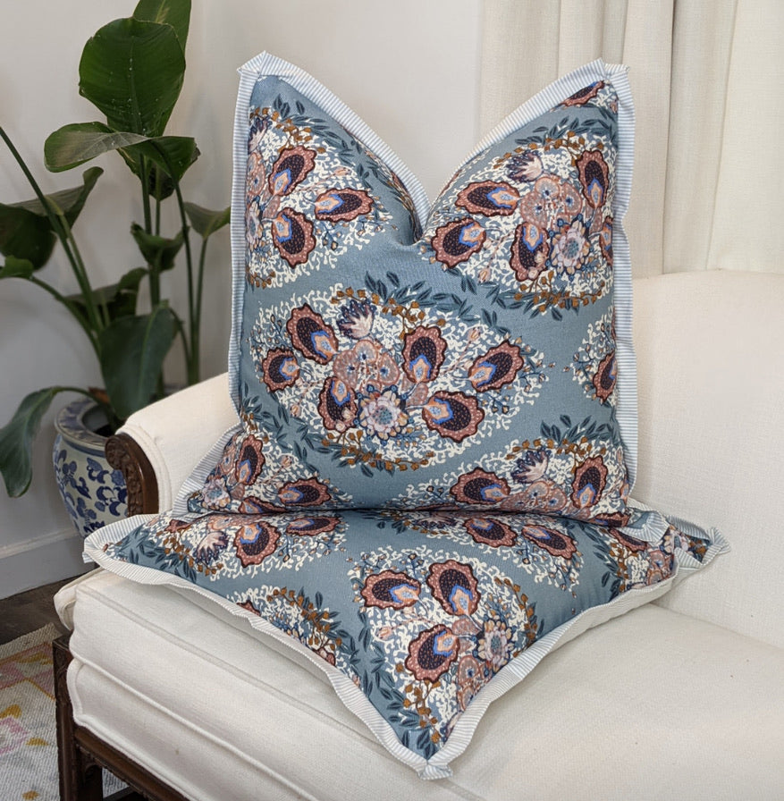 Floral patterned pillow cover in colonial blue