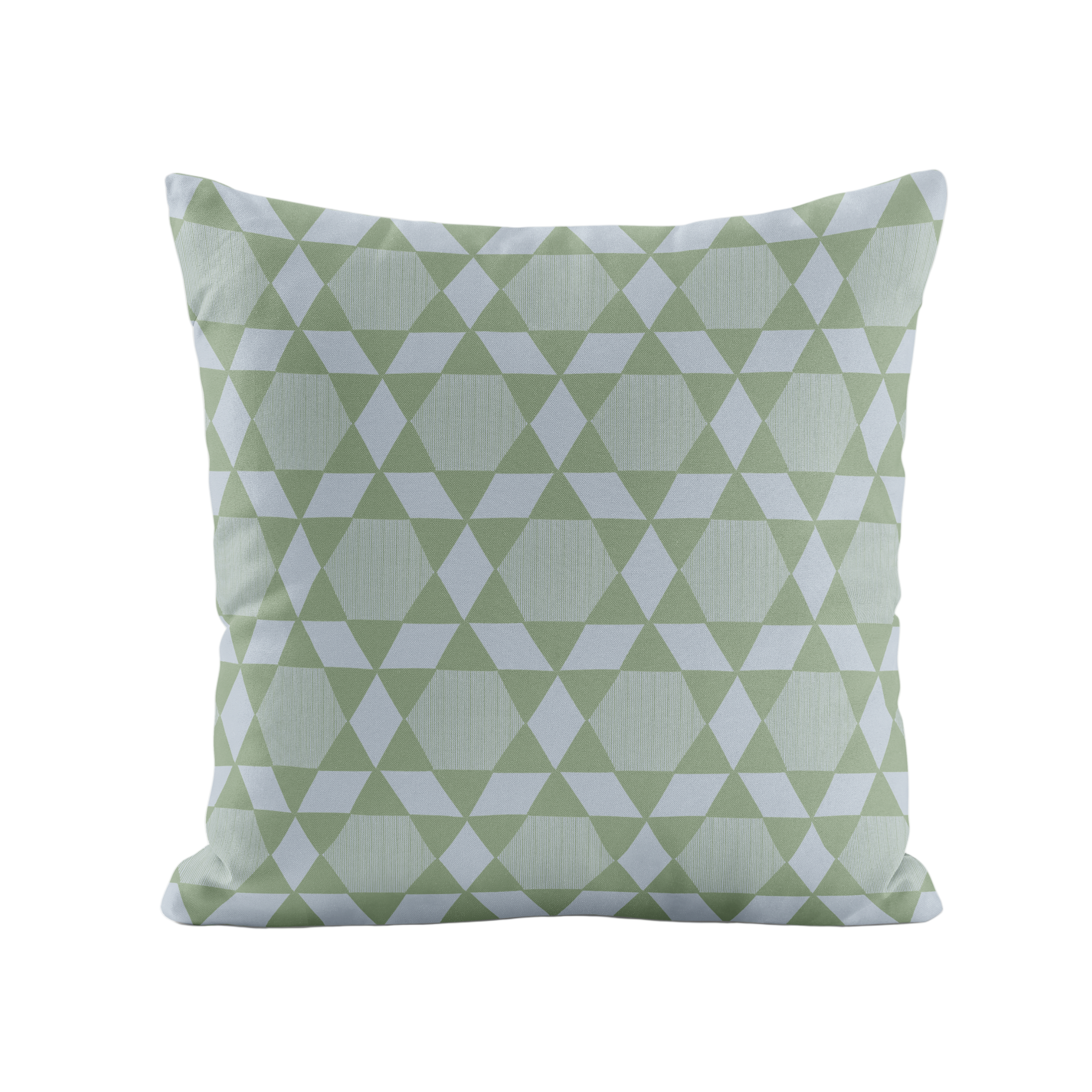 Green and blue geometric patterned pillow on a white background