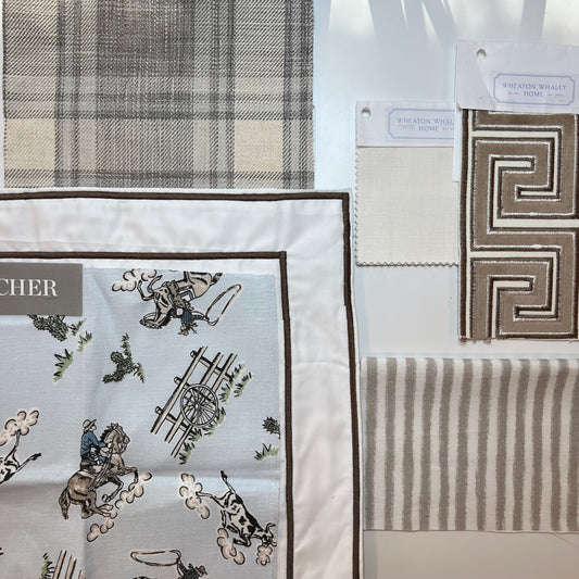 Collection of fabric swatches with different patterns and textures.