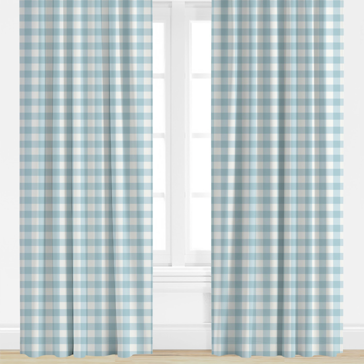 Blue and white checkered curtains on a window with a white wall background