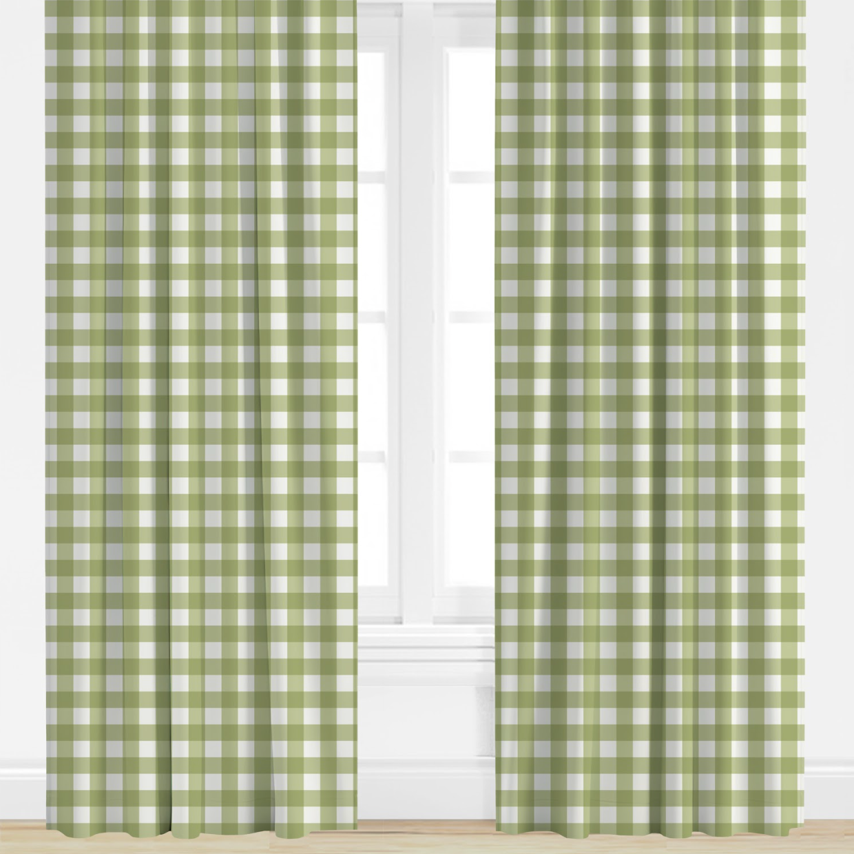 Green and white checkered curtains on a window with a white wall background
