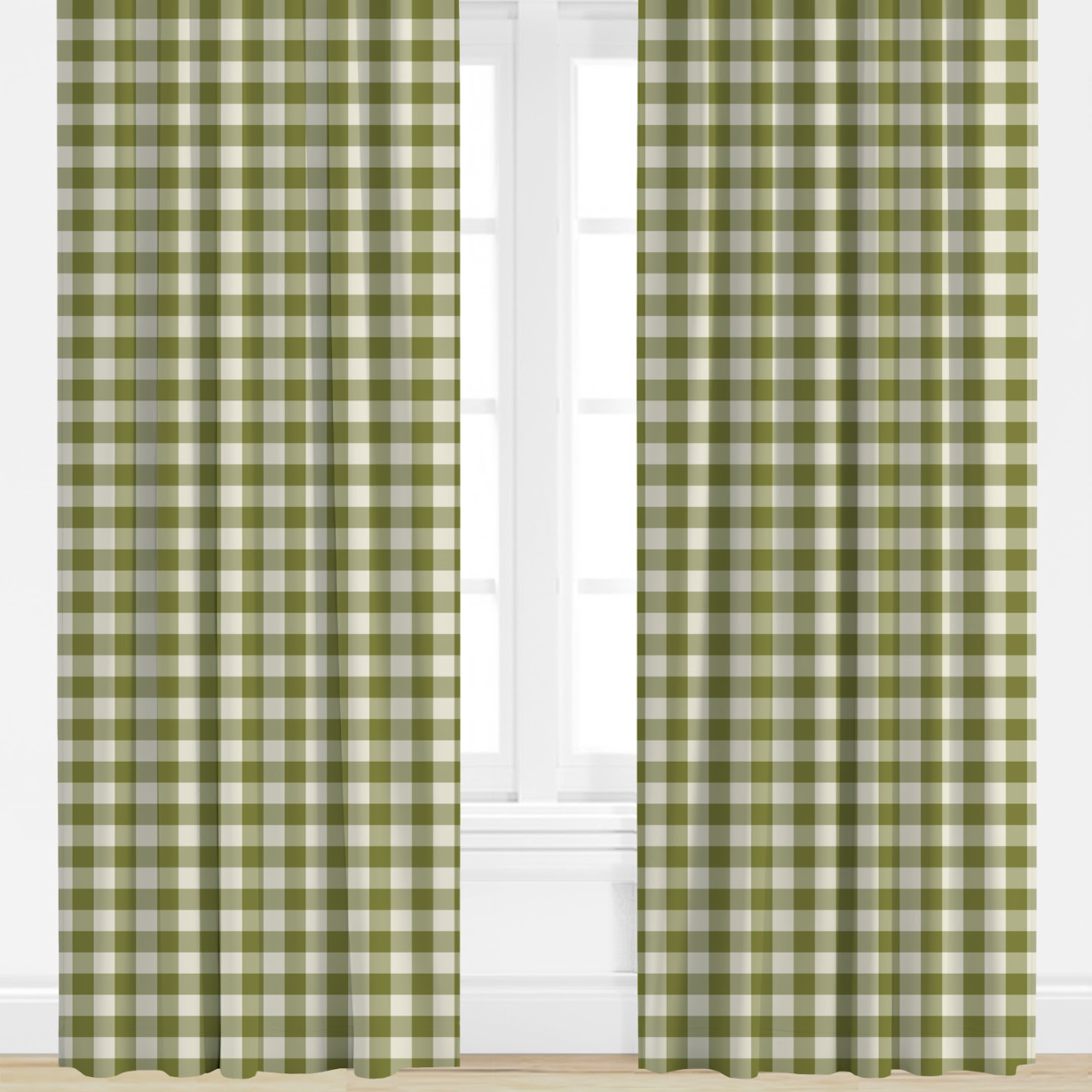 Green and white checkered curtains on a window with a white background