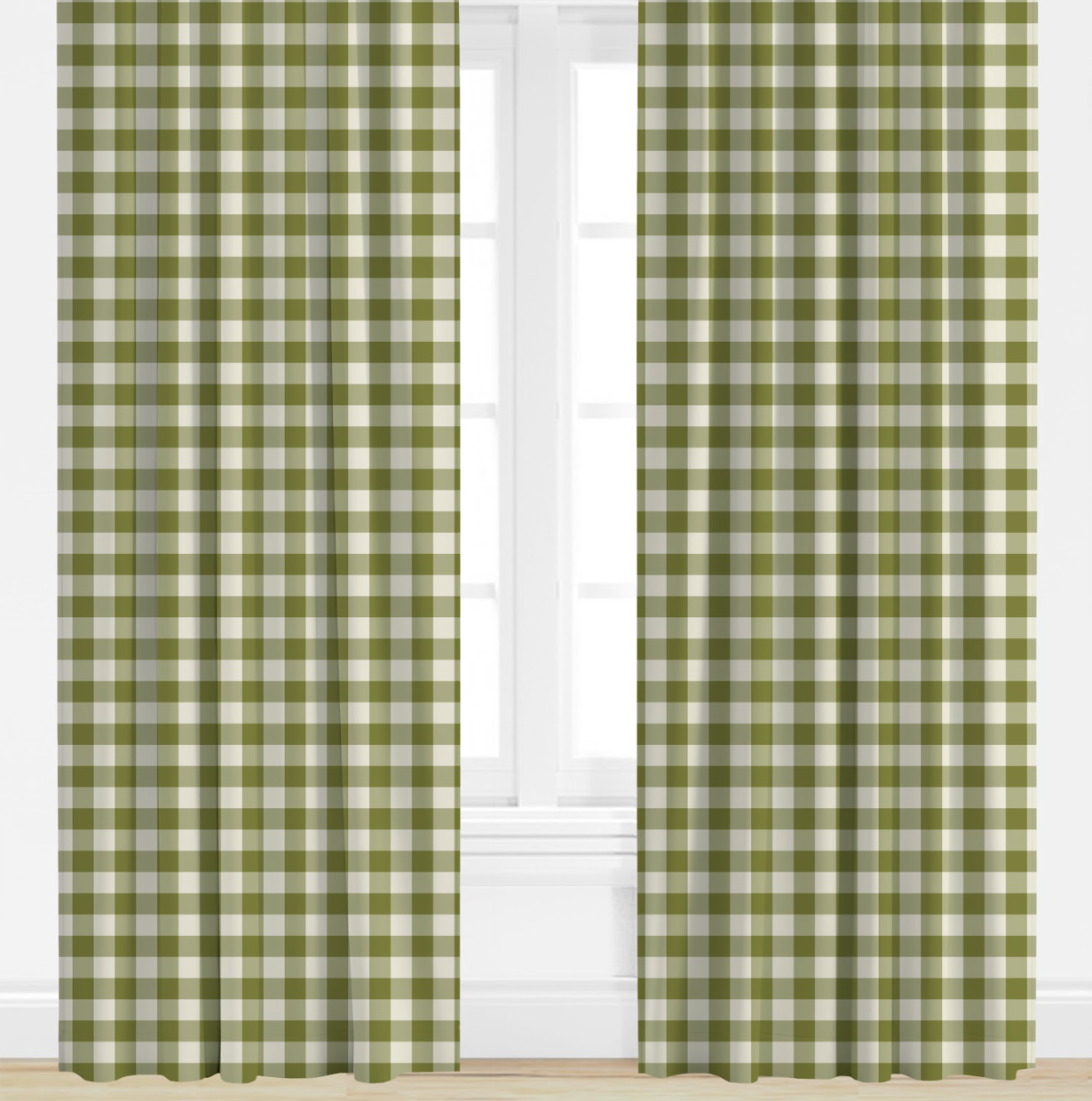 Green and white checkered curtains on a window with a white background