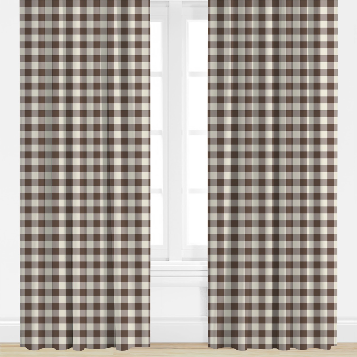 Pair of brown and white checkered curtains on a window.