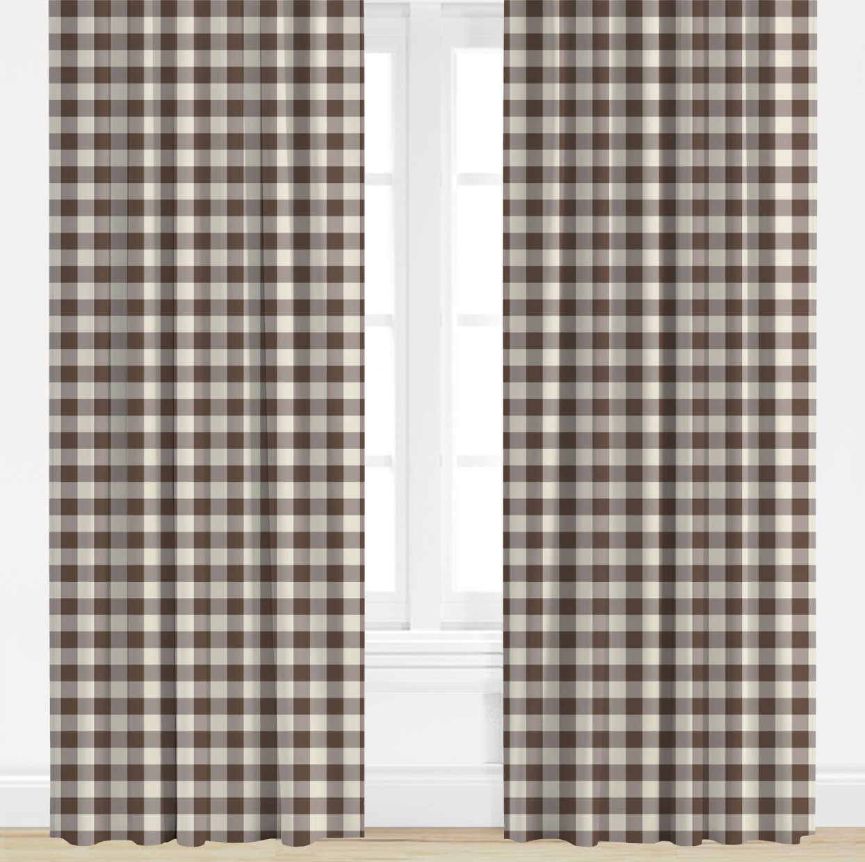 Pair of brown and white checkered curtains on a window.