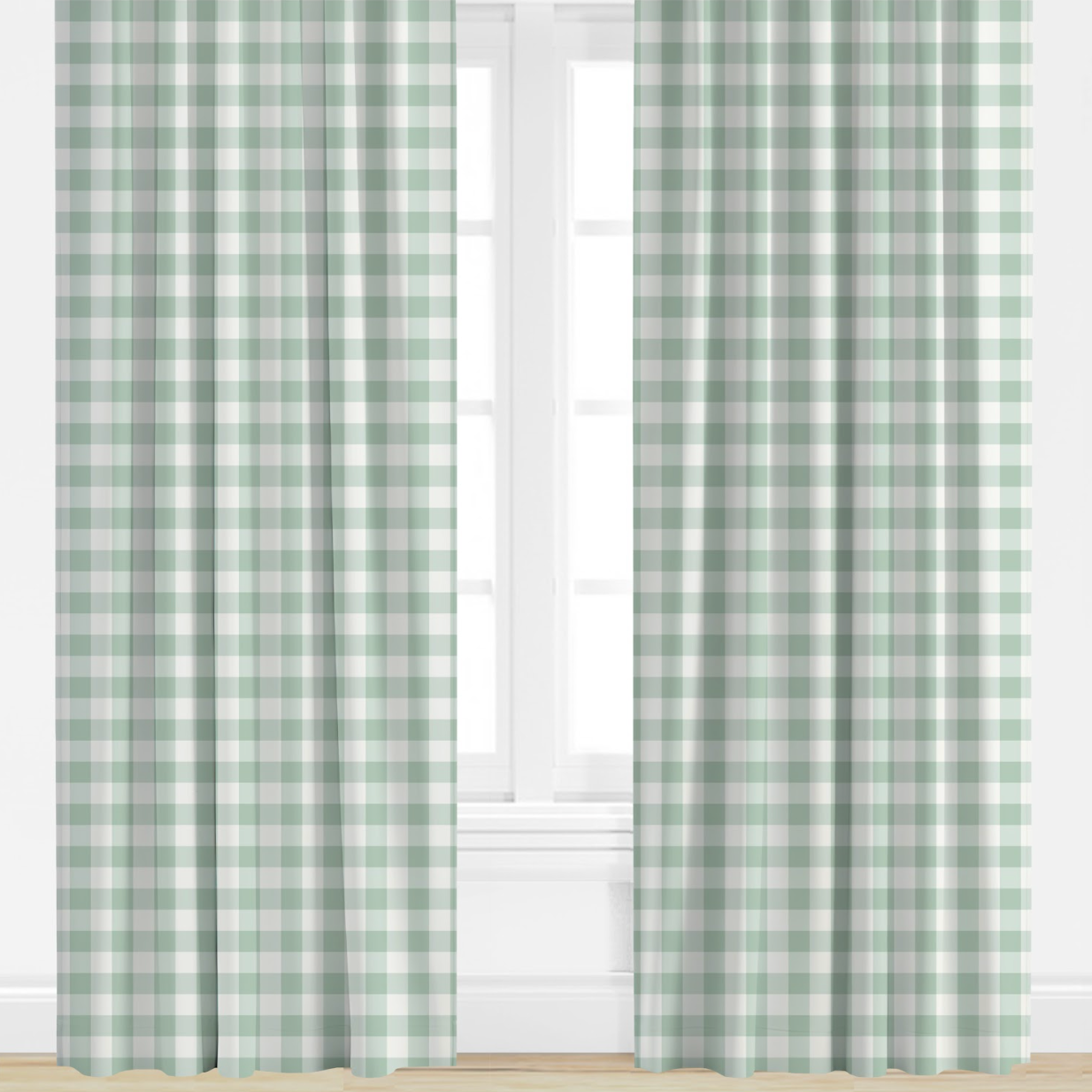 Blue Green and white checkered curtains on a window with a white wall background