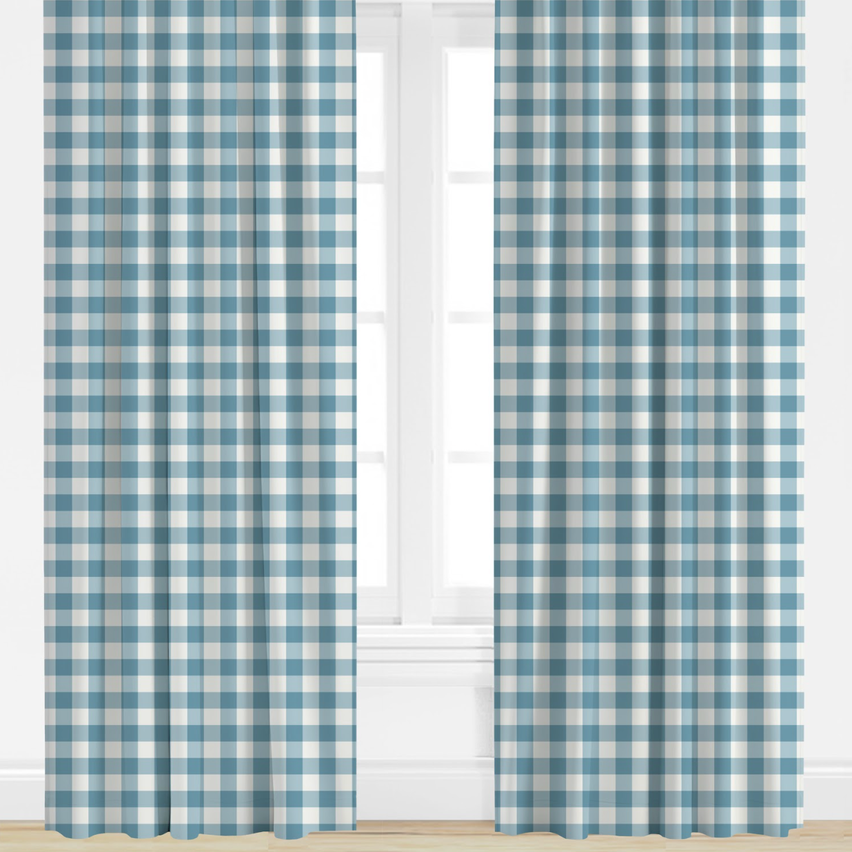 Blue and white checkered curtains on a window with a white wall background