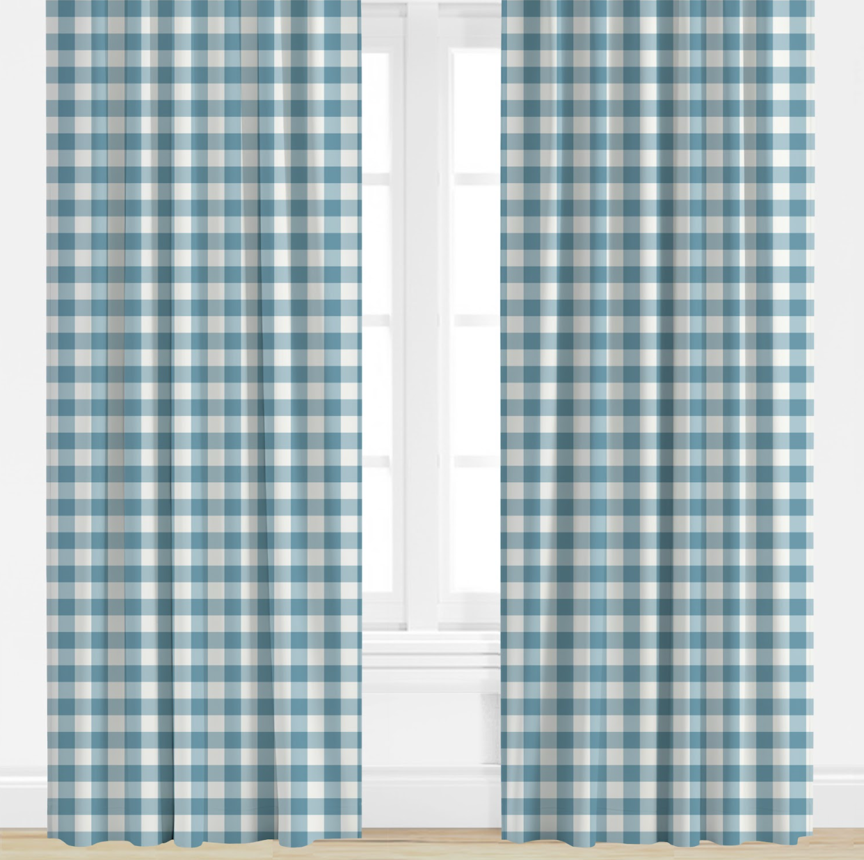 Blue and white checkered curtains on a window with a white wall background