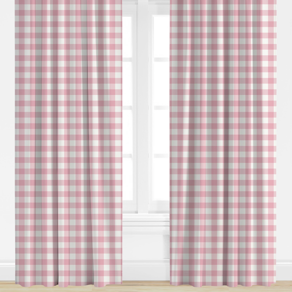 Pink and white checkered curtains on a window with a white background