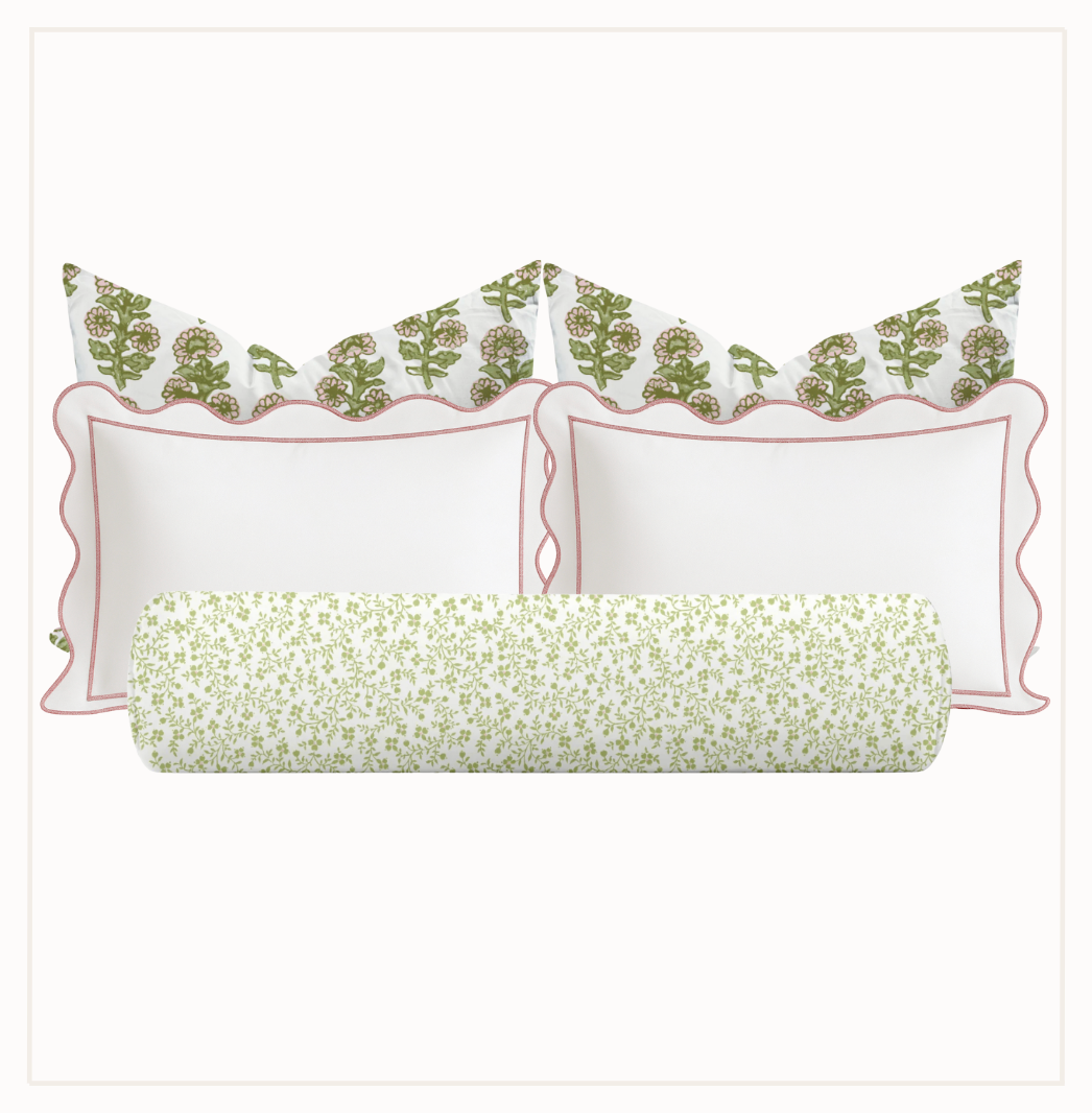 Pink and green floral girls bedroom pillow set