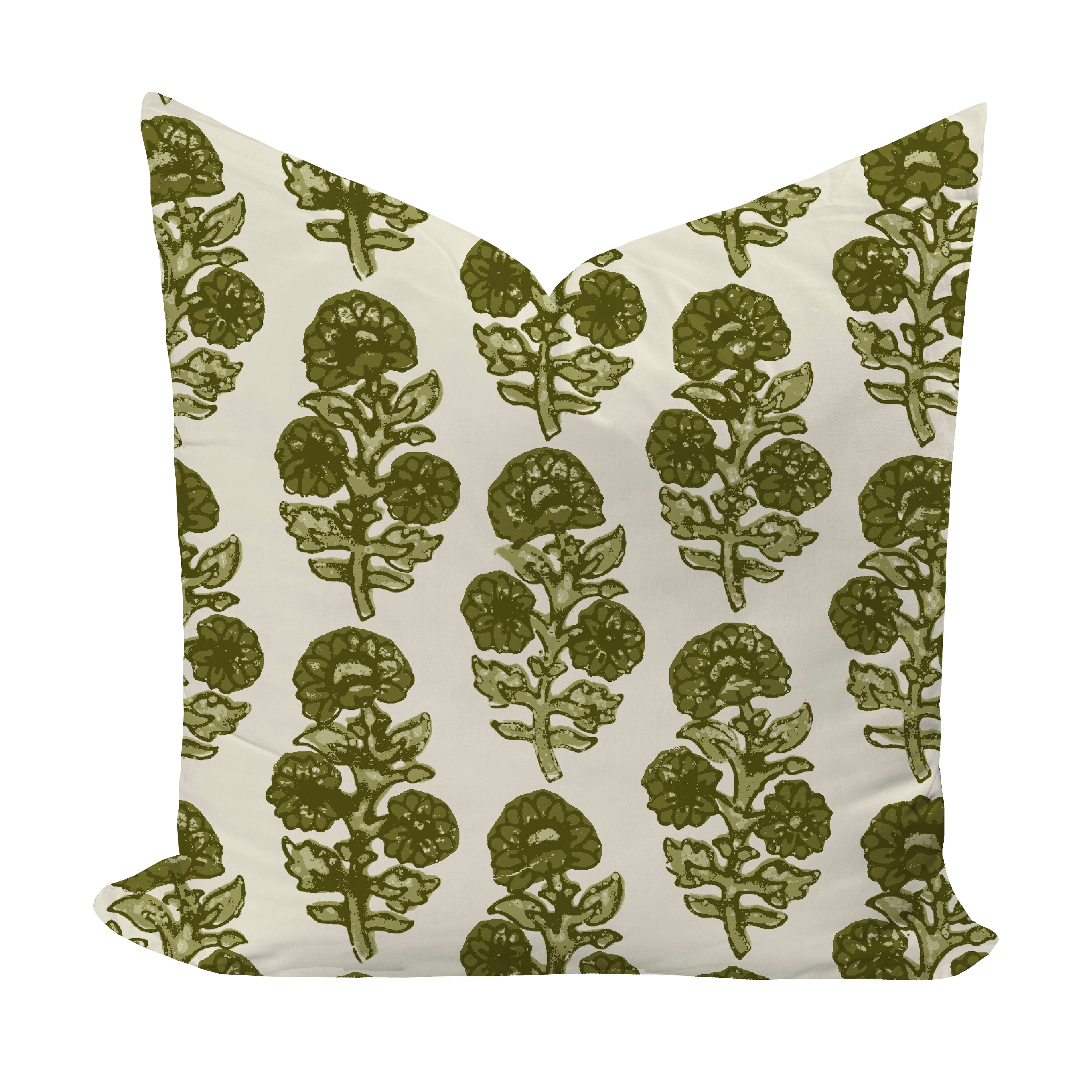 Large floral block print in olive pillow cover