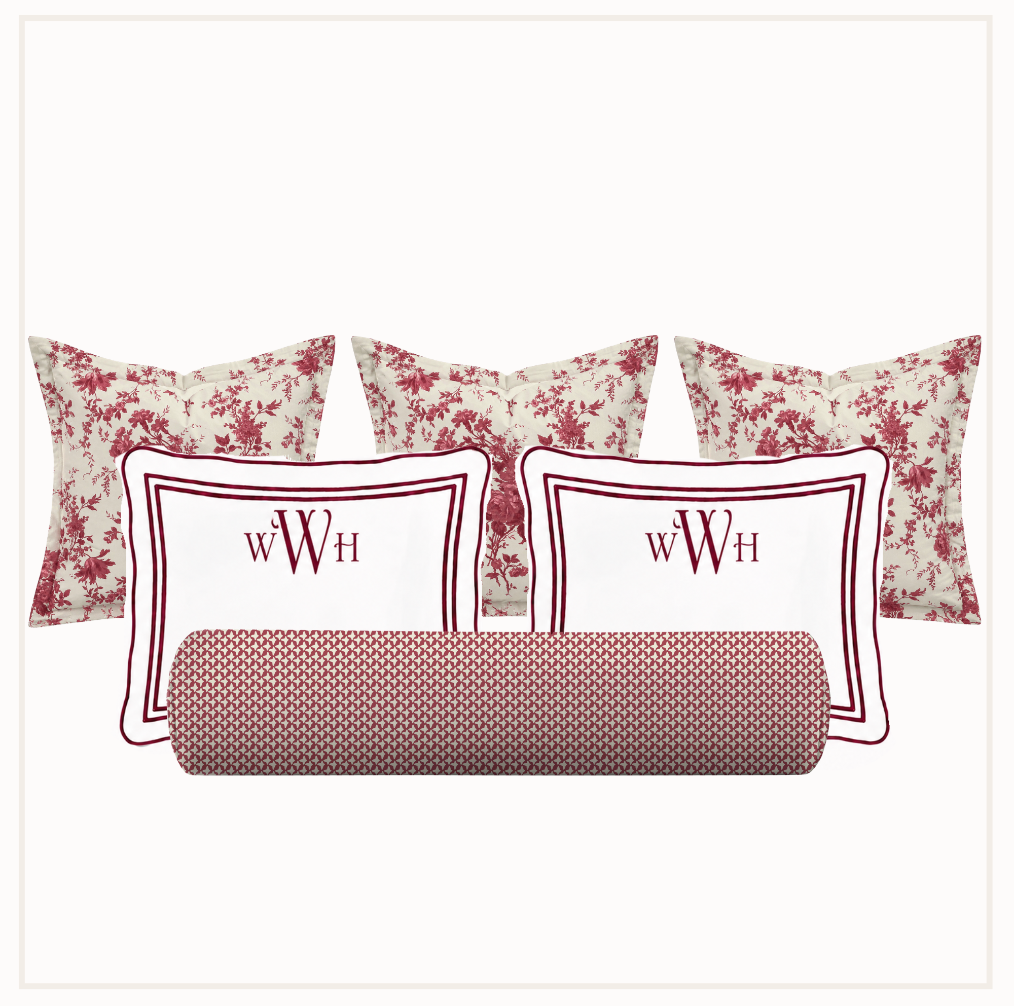 Set of pillows with floral and patterned designs on a white background