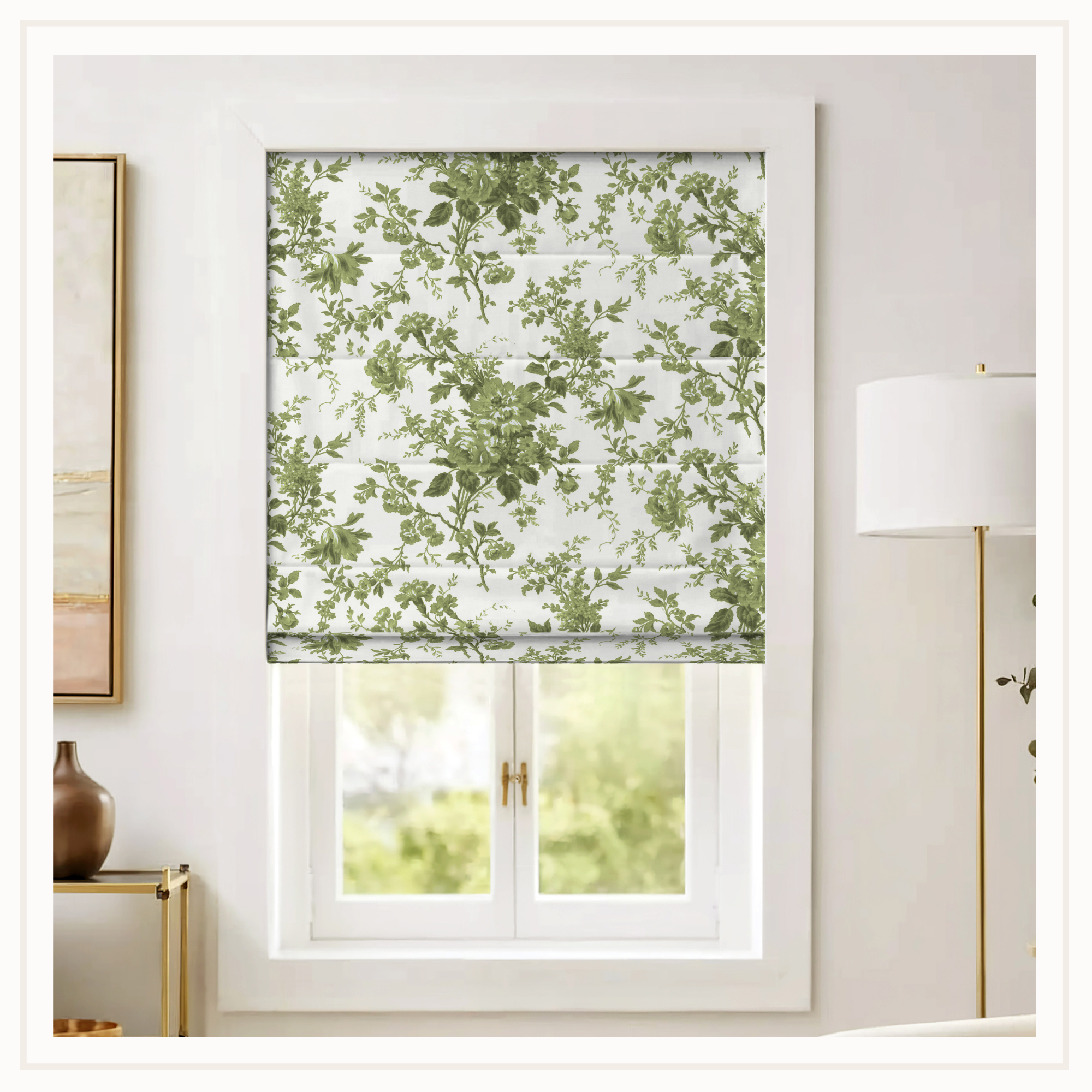 Floral patterned roman shade in green