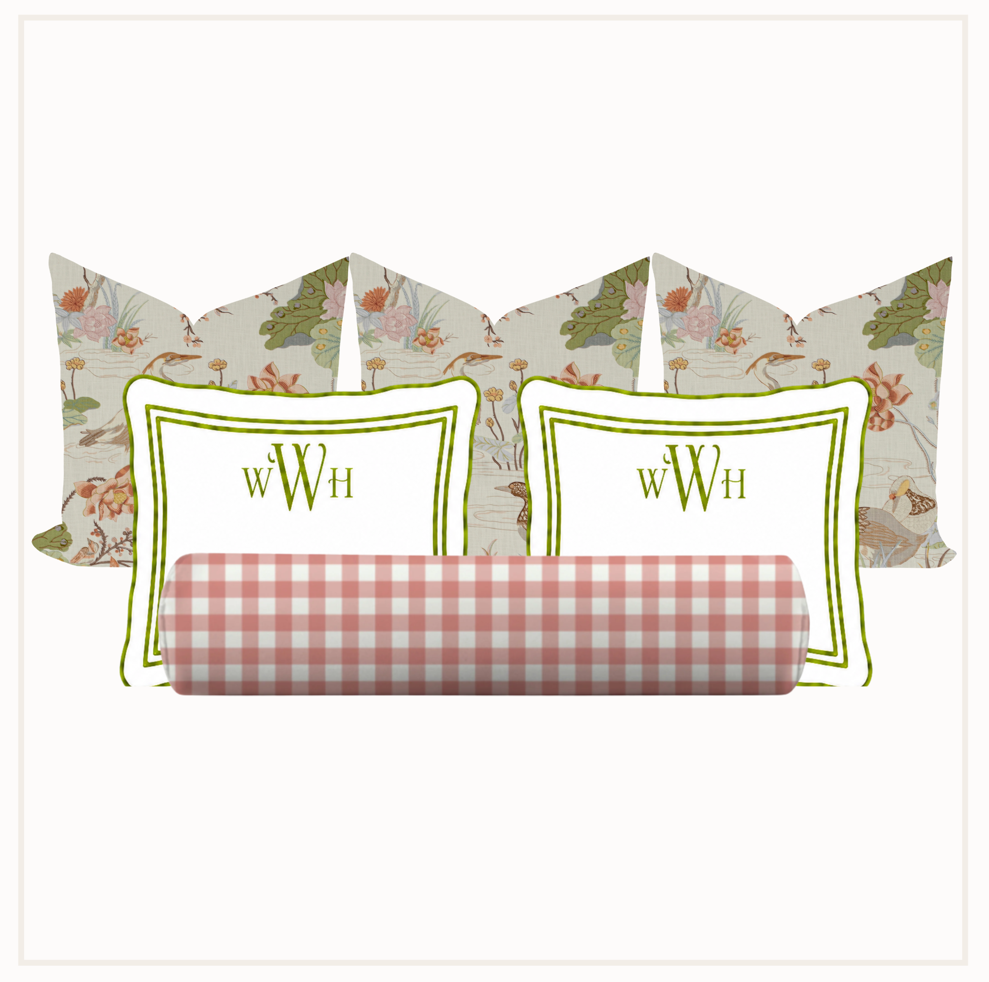 Set of decorative pillows with floral patterns and a checkered pillow on a white background