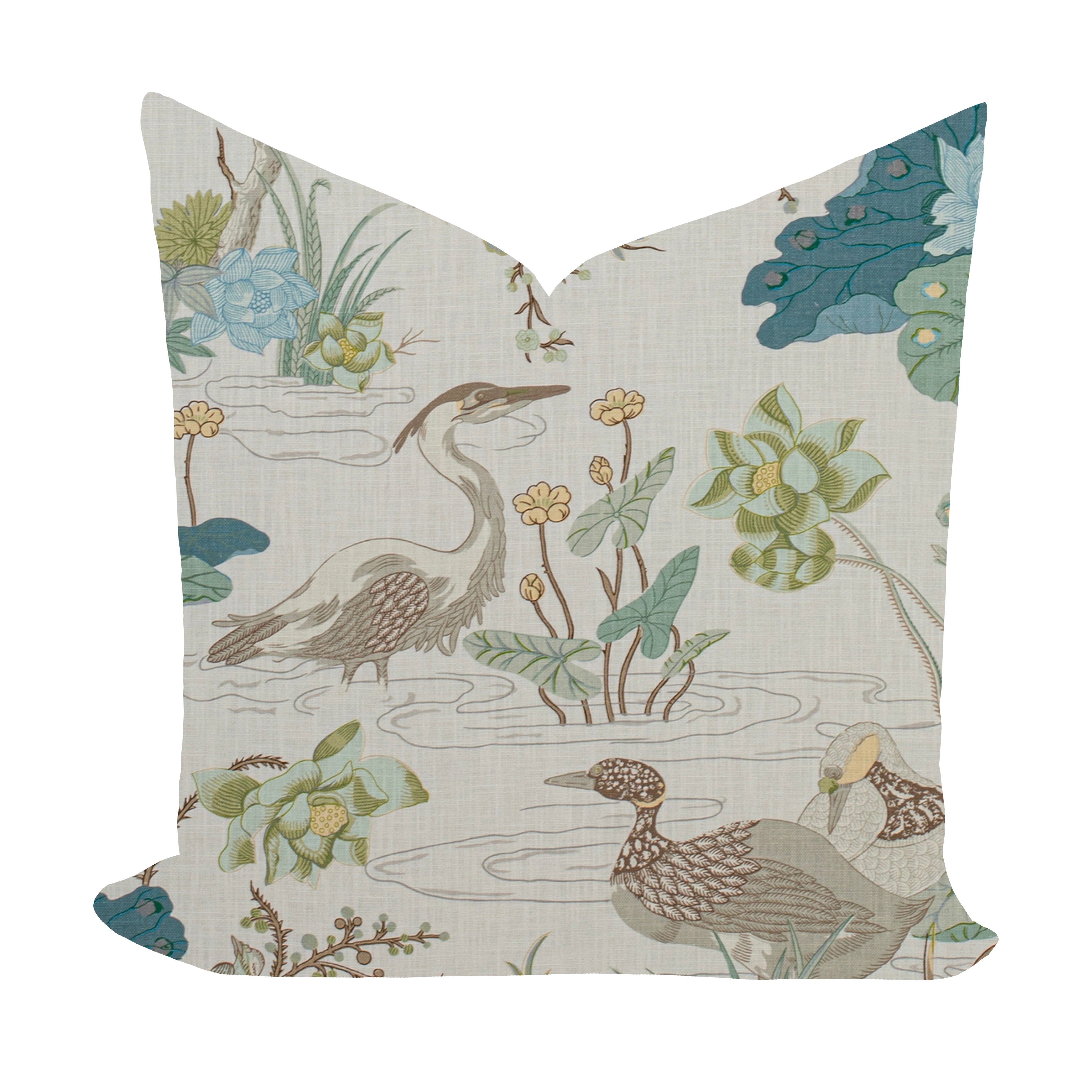 Blue and Green Pillow Cover with Birds and Flowers