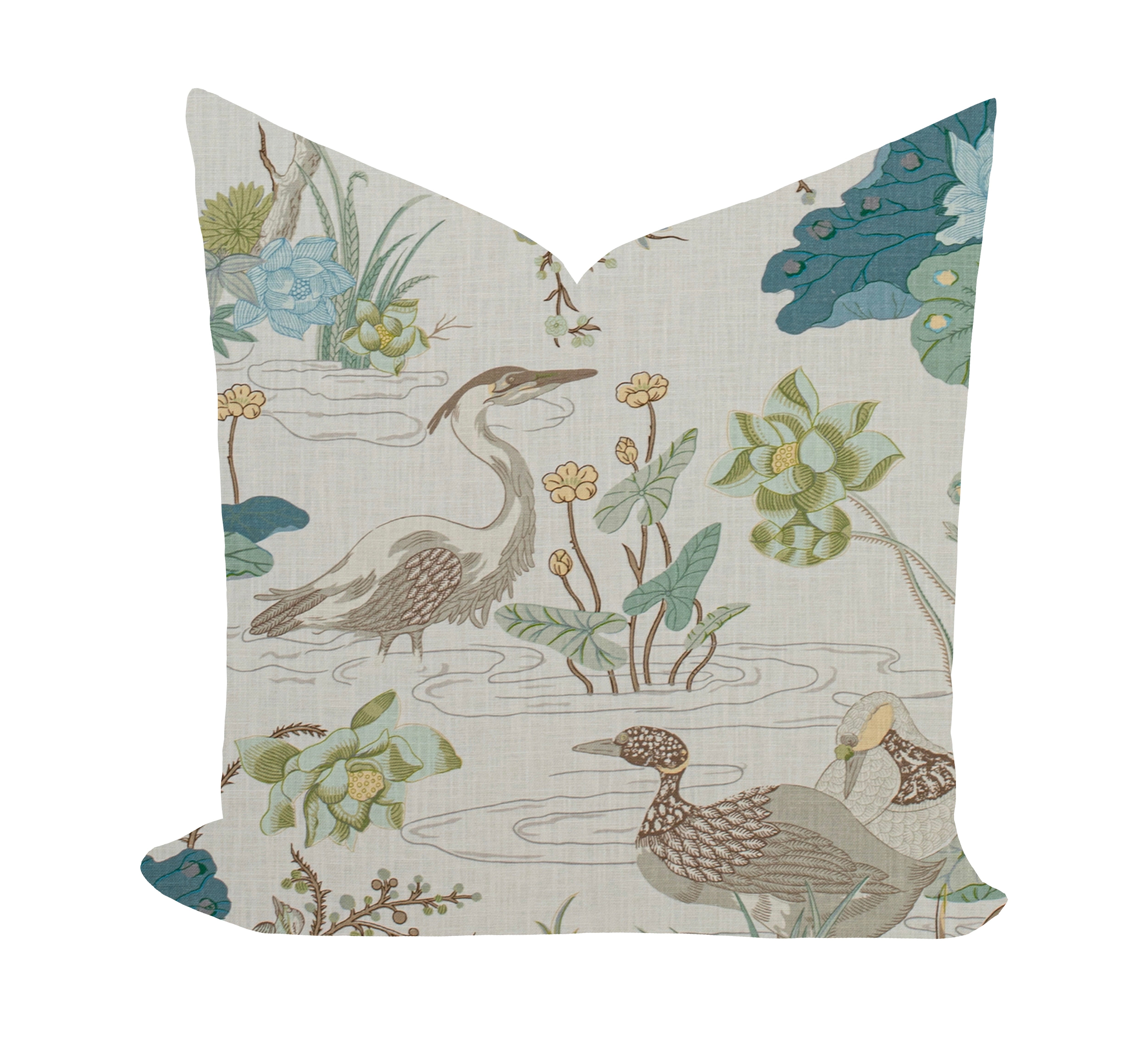 Blue and Green Pillow Cover with Birds and Flowers