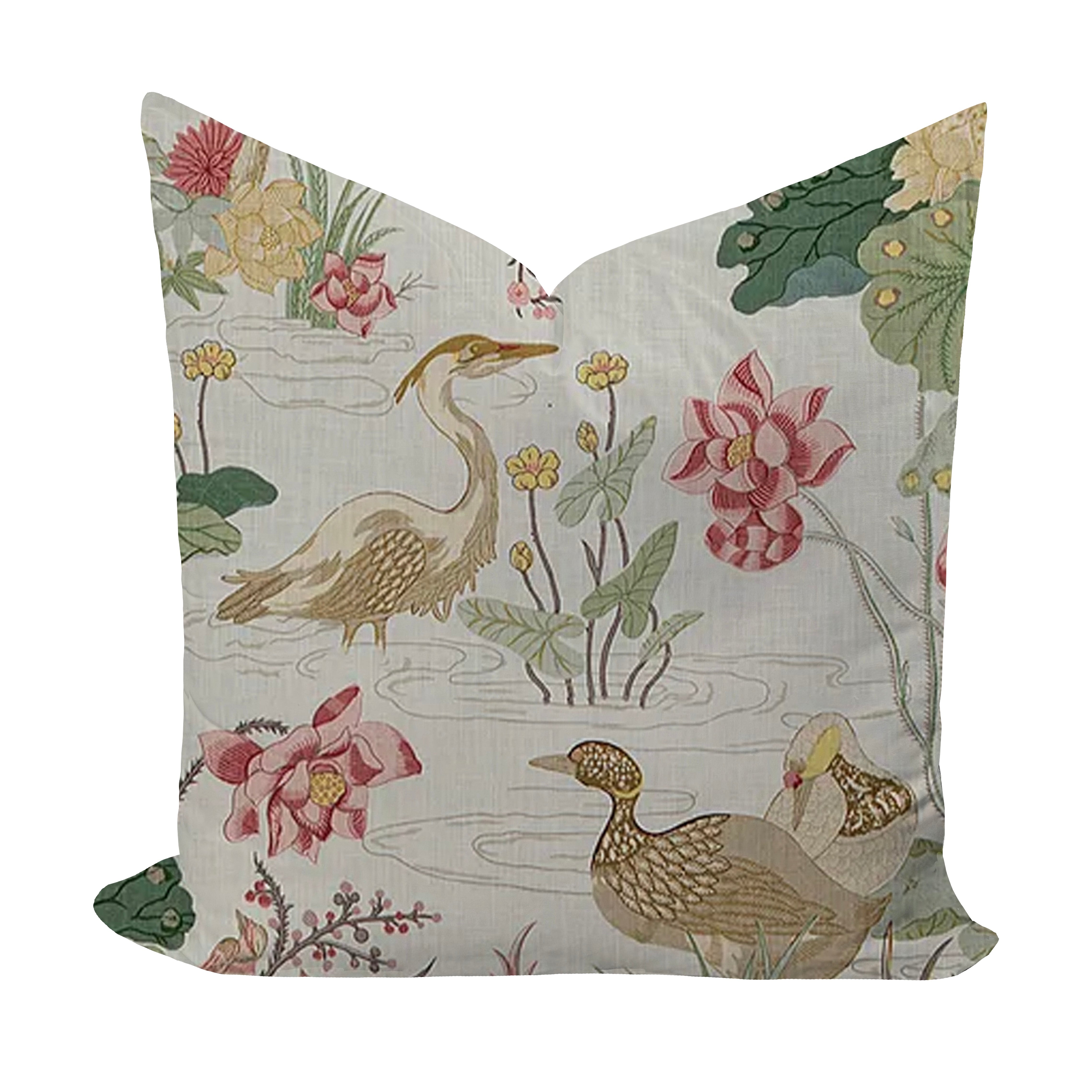Decorative pillow with floral and bird pattern on a white background
