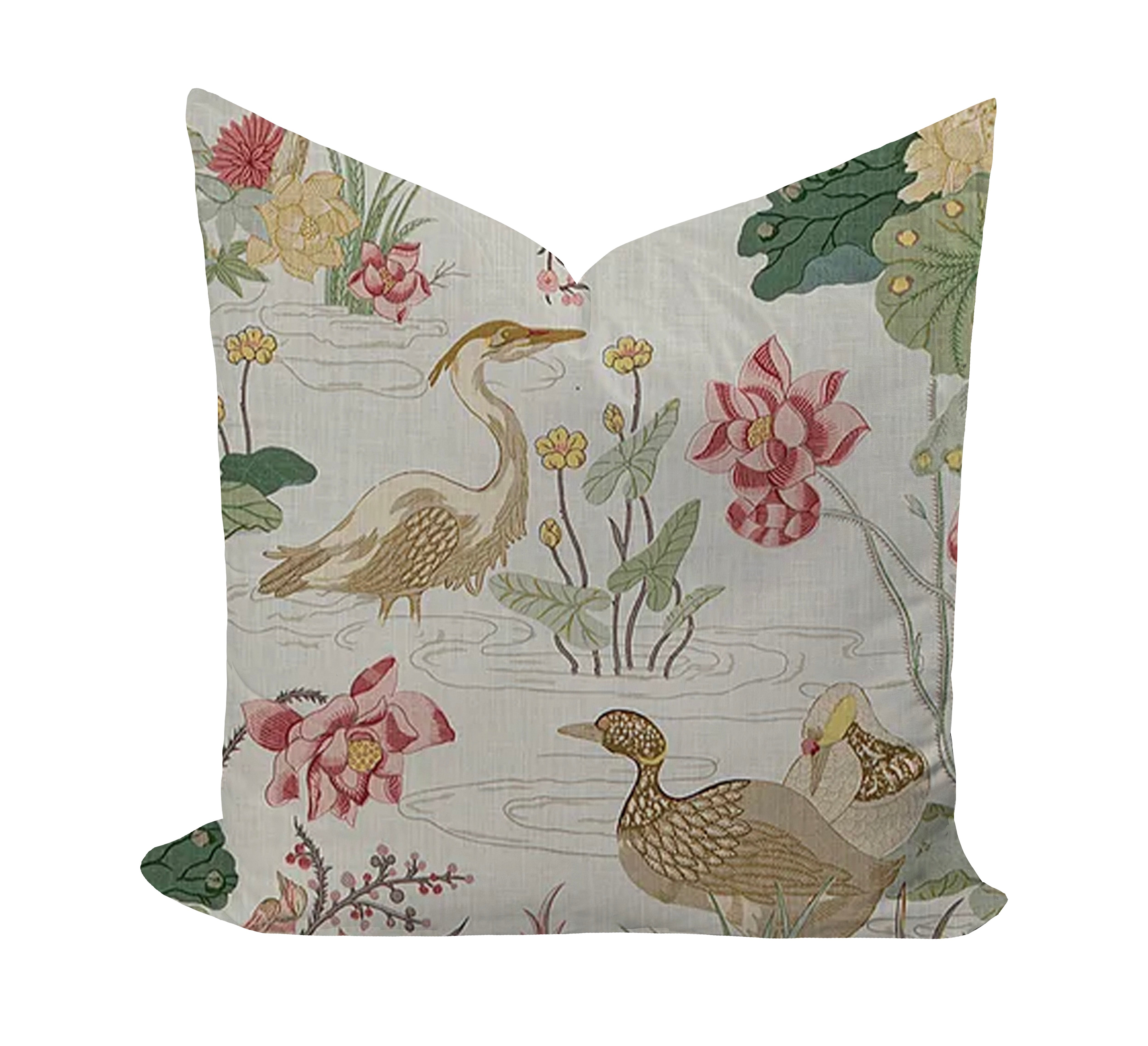 Decorative pillow with floral and bird pattern on a white background