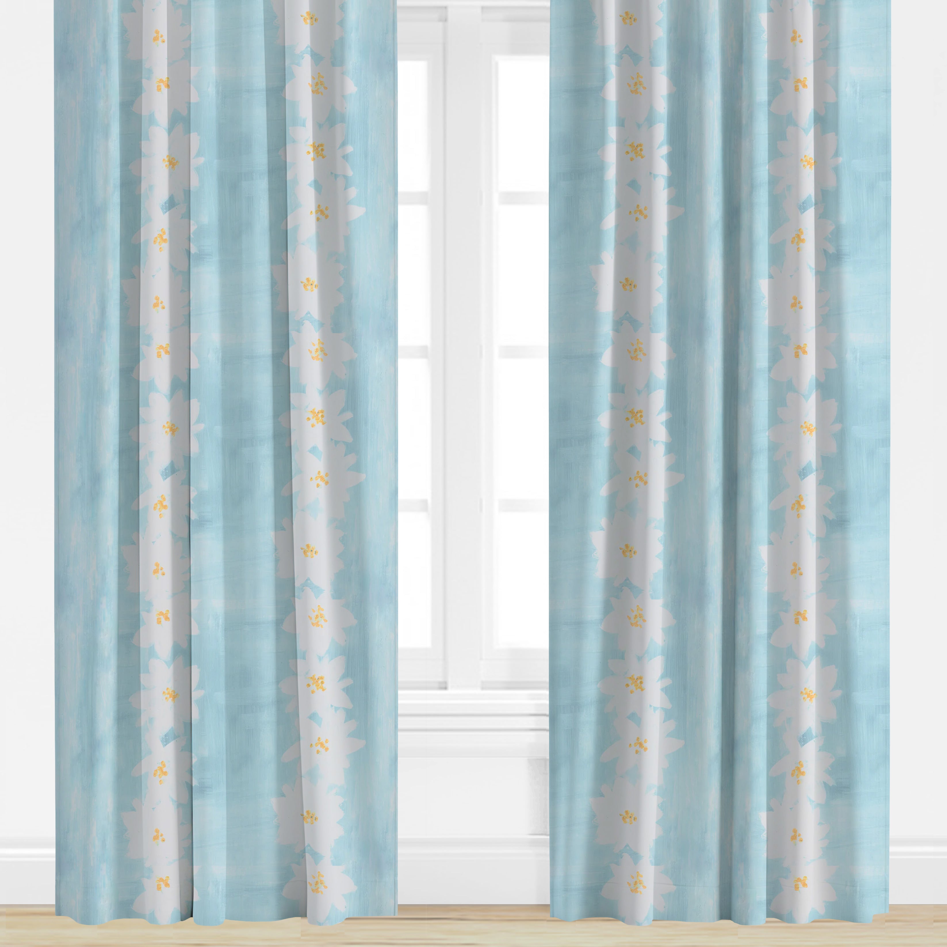 Daisy patterned drapery panel in blue