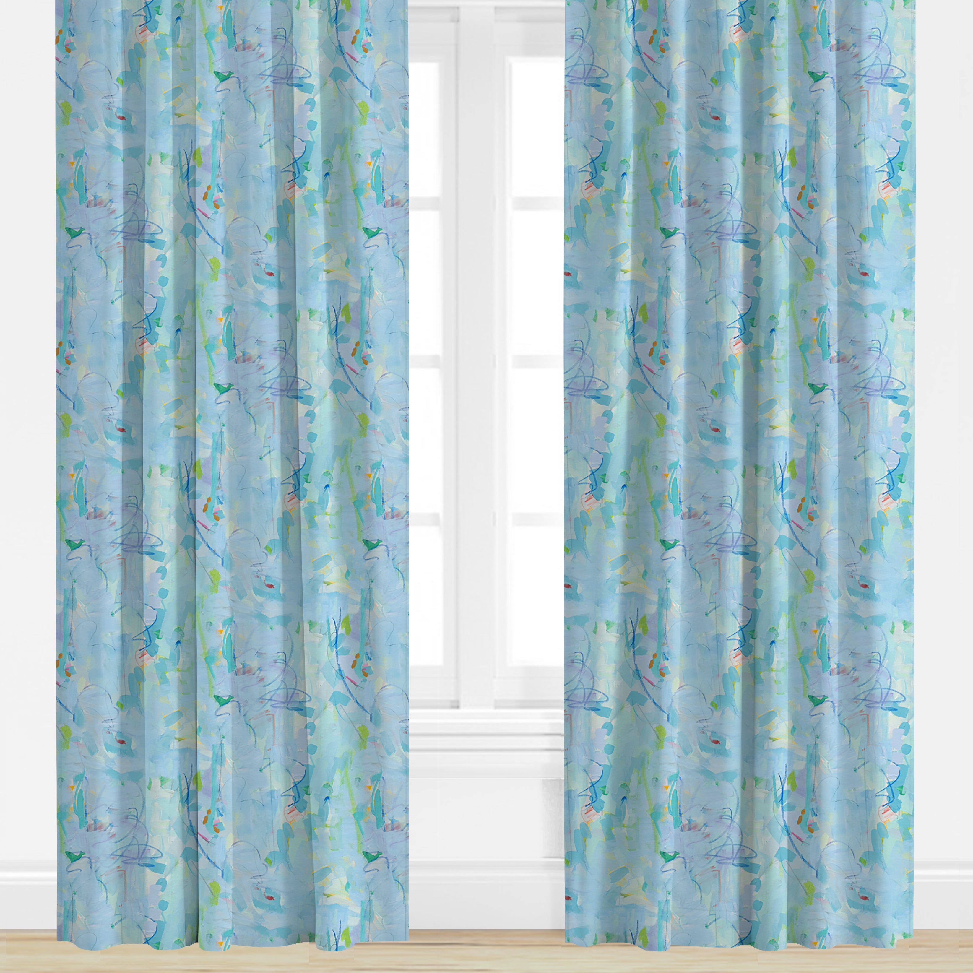 Abstract patterned drapery panel in blue