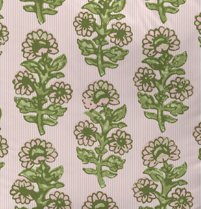 Pink and green striped and floral fabric by the yard