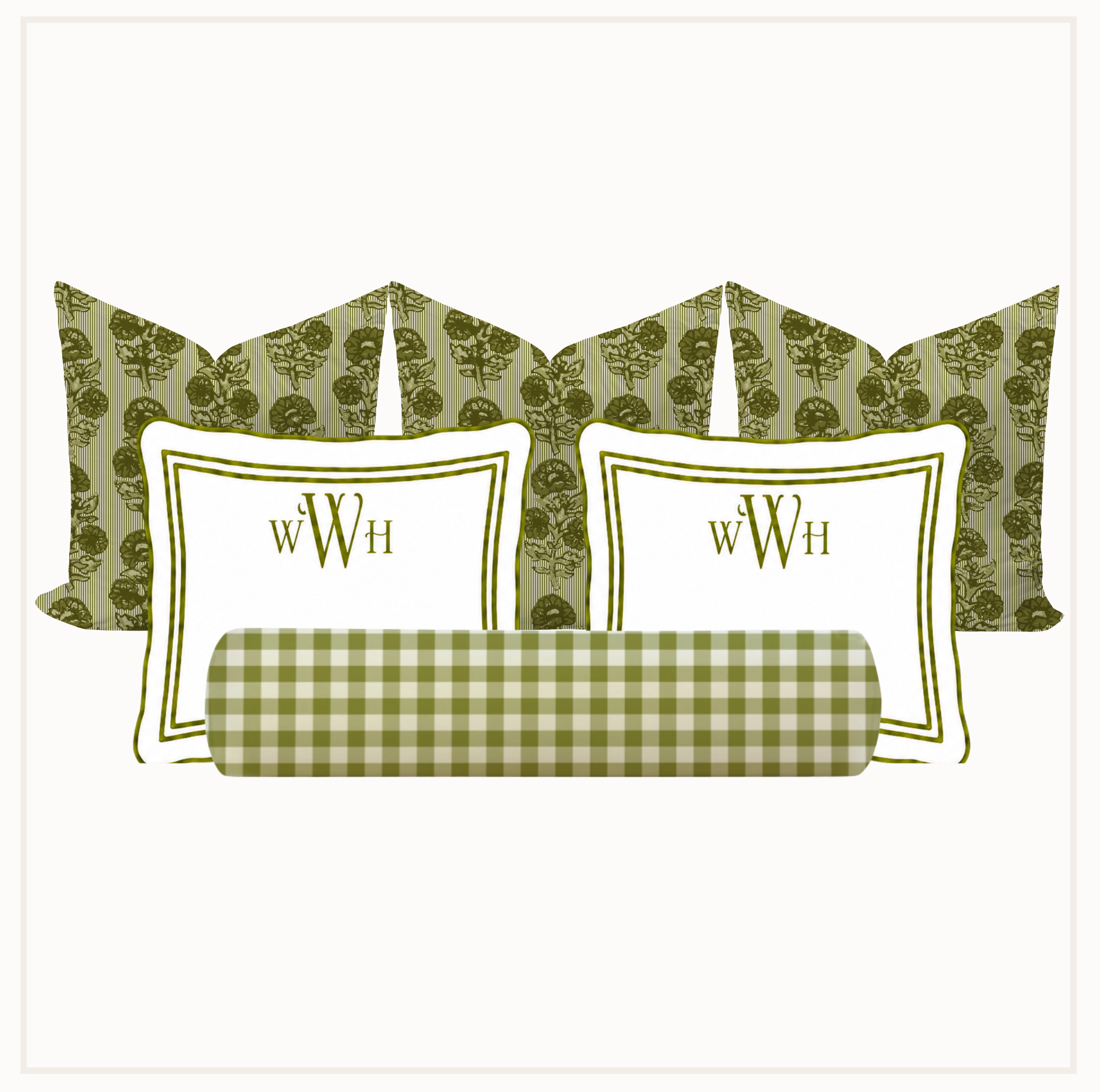 Set of green patterned pillows with monogram 'WWH' on a white background