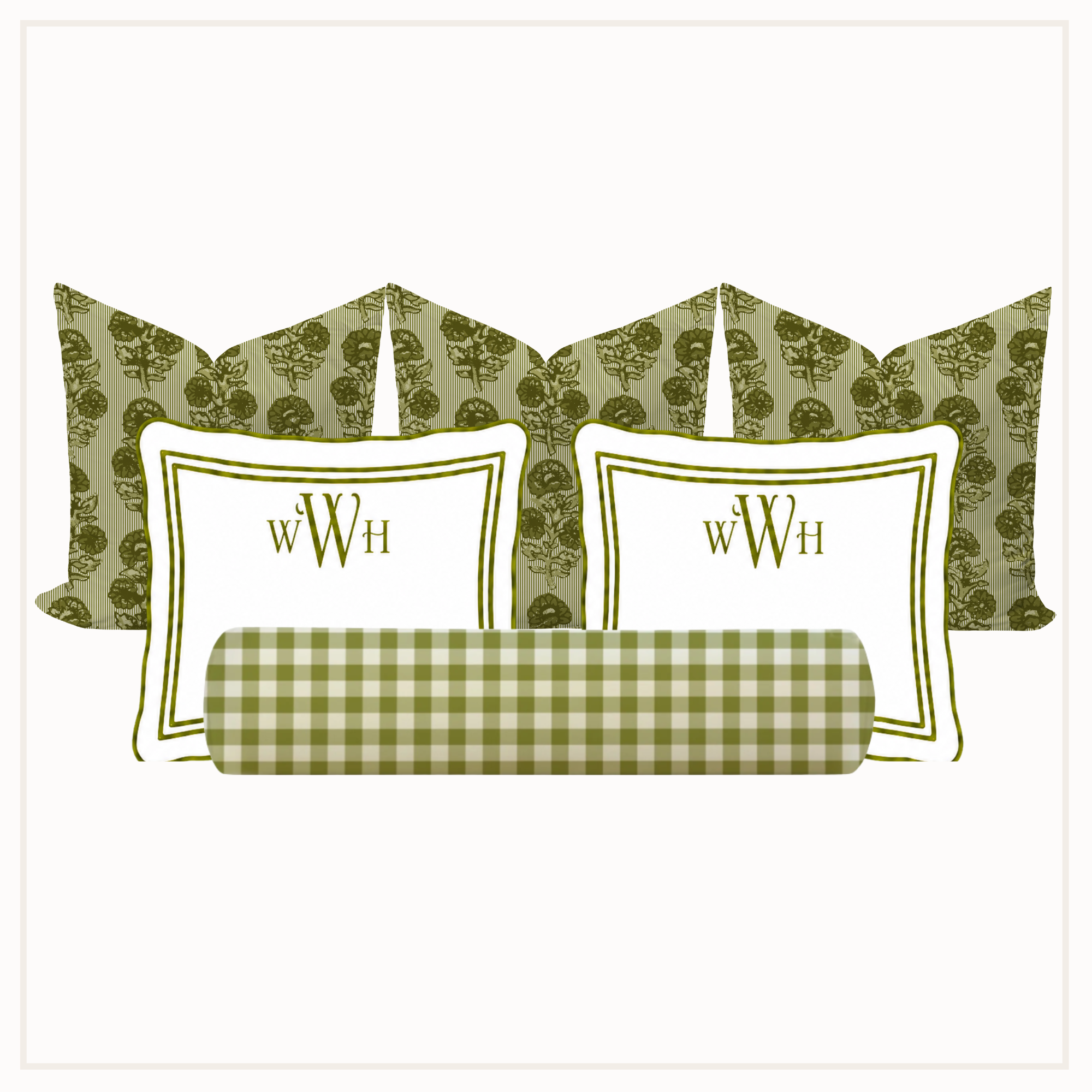 Set of green patterned pillows with monogram 'WWH' on a white background