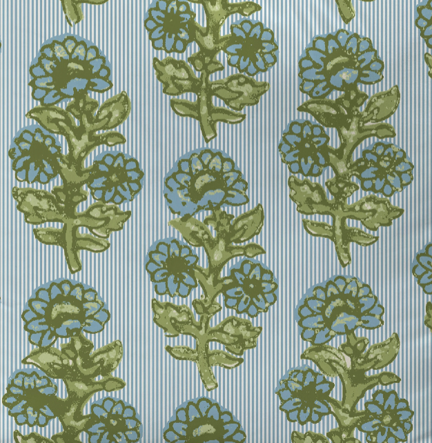 Blue and green striped and floral fabric by the yard