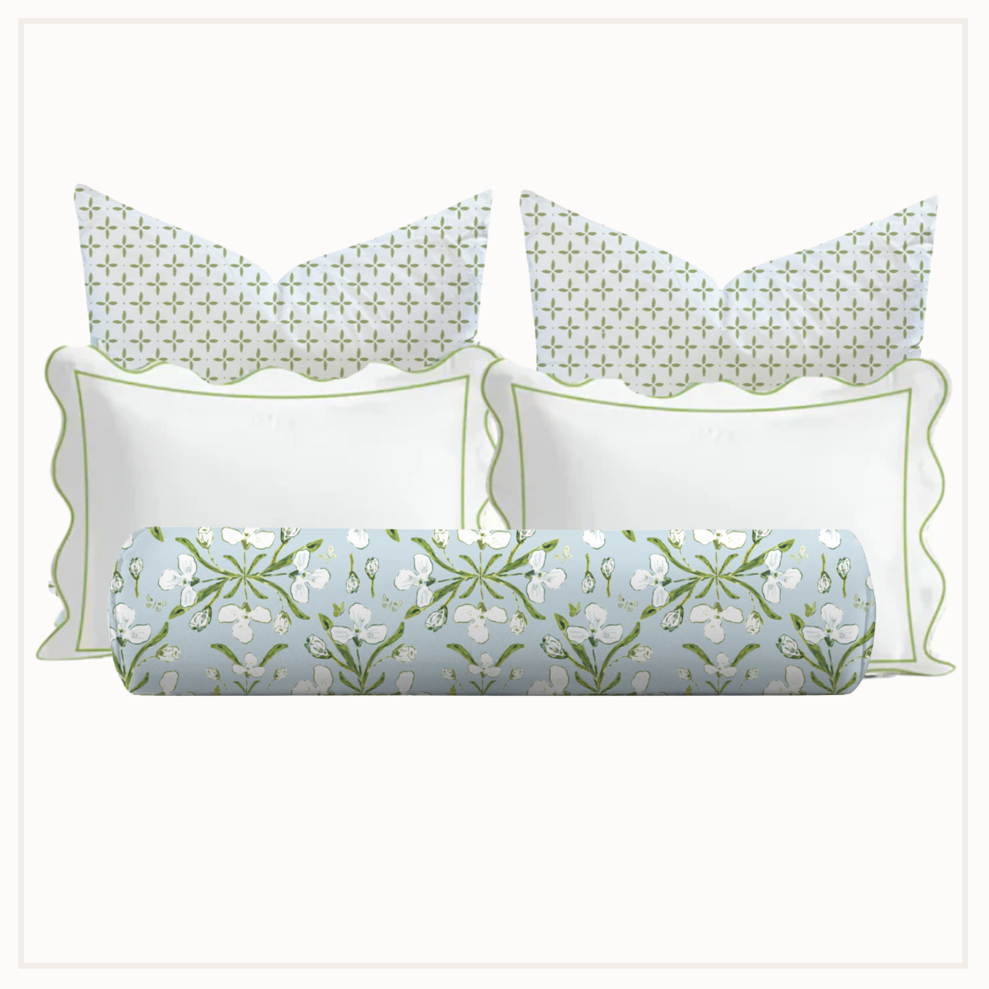 Set of decorative pillows with floral patterns in green and blue on a white background