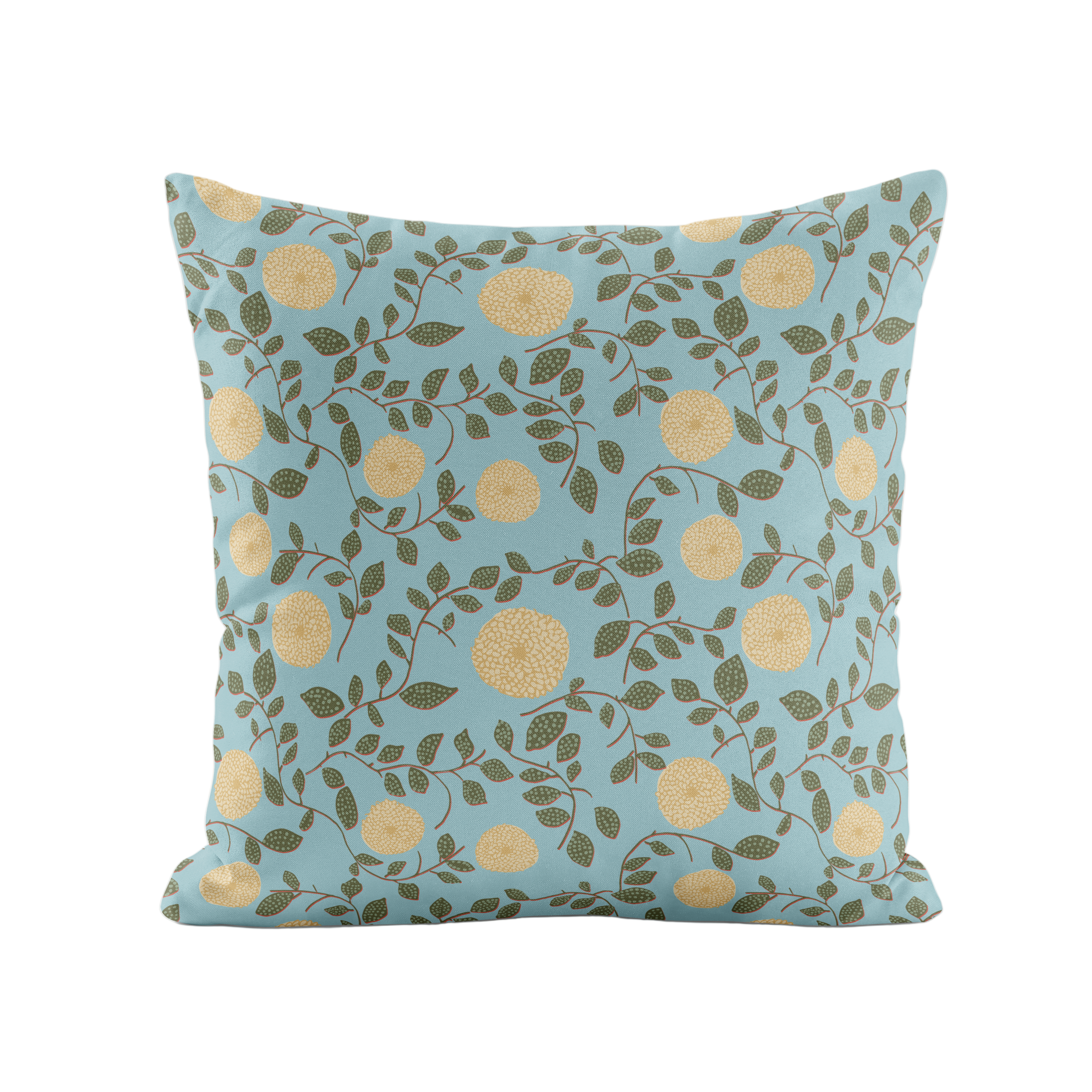 Decorative pillow with yellow floral pattern on a light blue background
