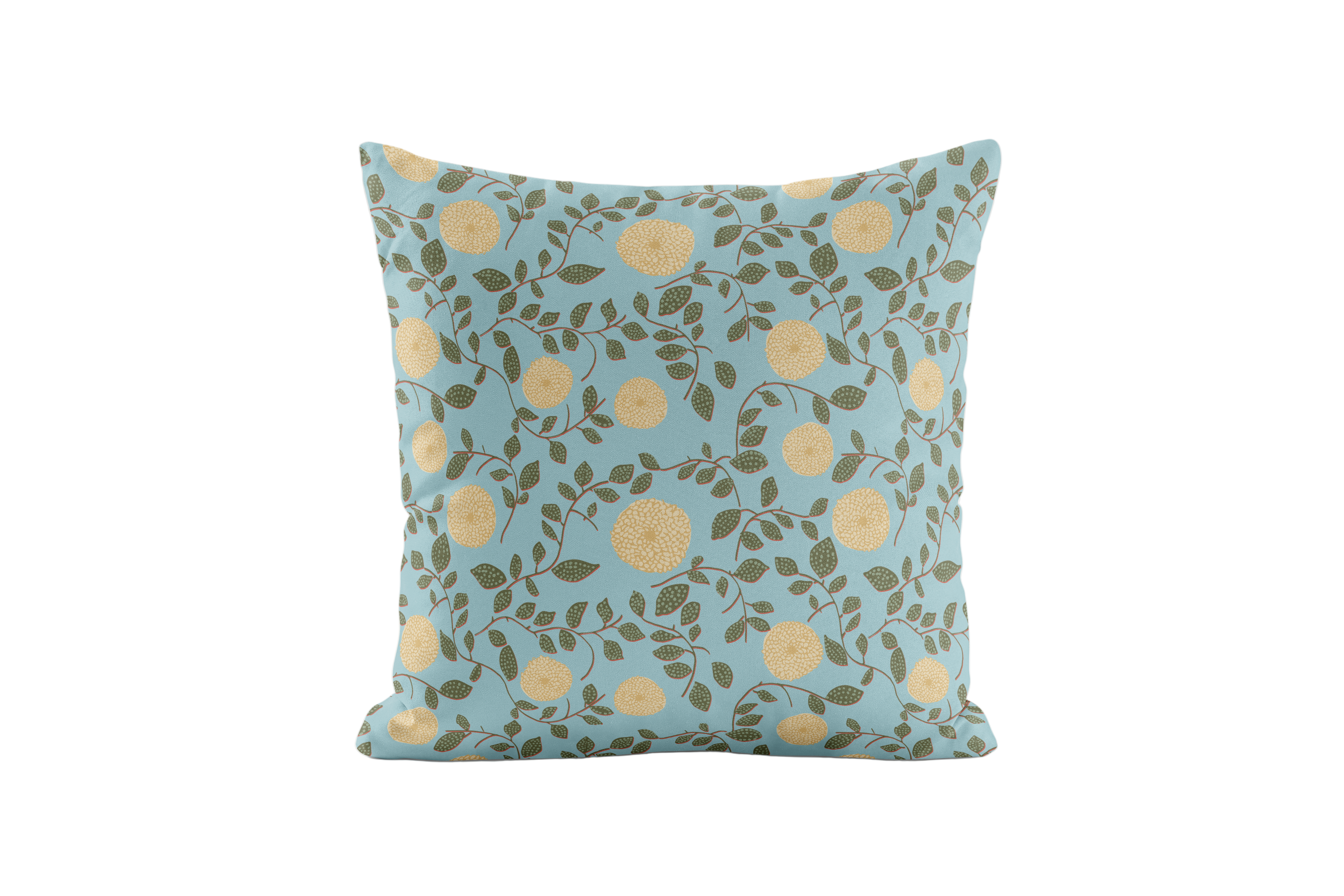 Decorative pillow with yellow floral pattern on a light blue background