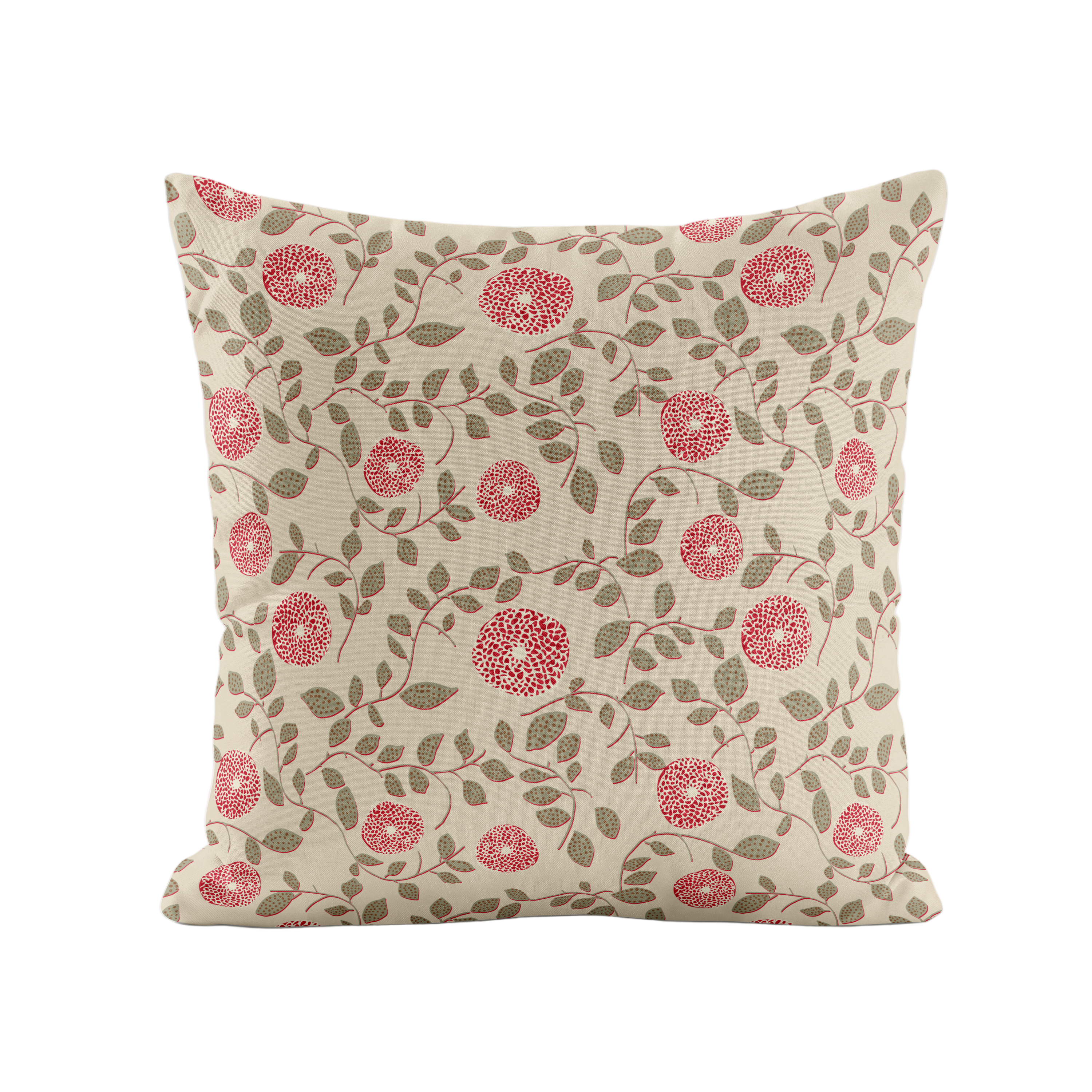 Decorative pillow with red and olive floral pattern