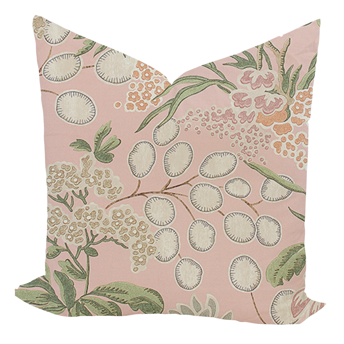 Floral patterned pillow on a pink background