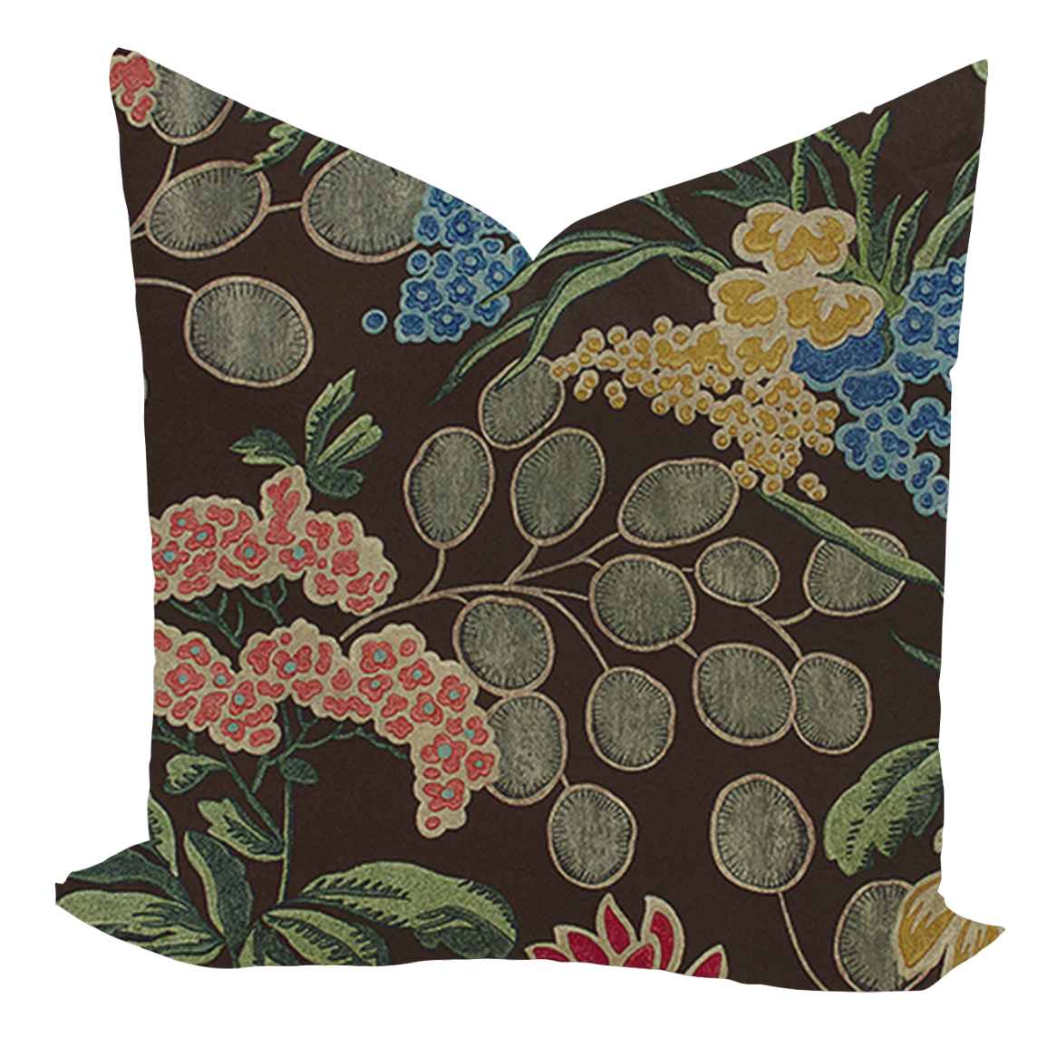 Floral patterned pillow on a brown background