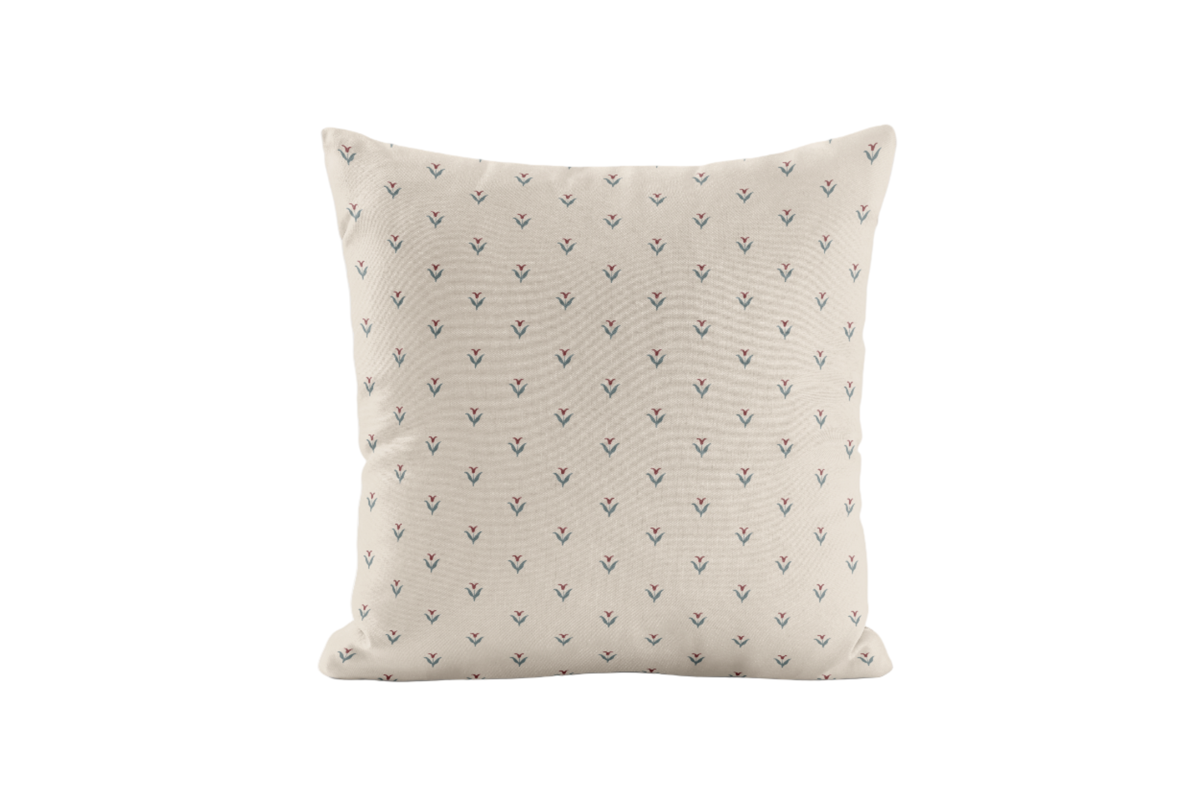Cottagecore burgundy and blue pillow with small floral pattern on a white background