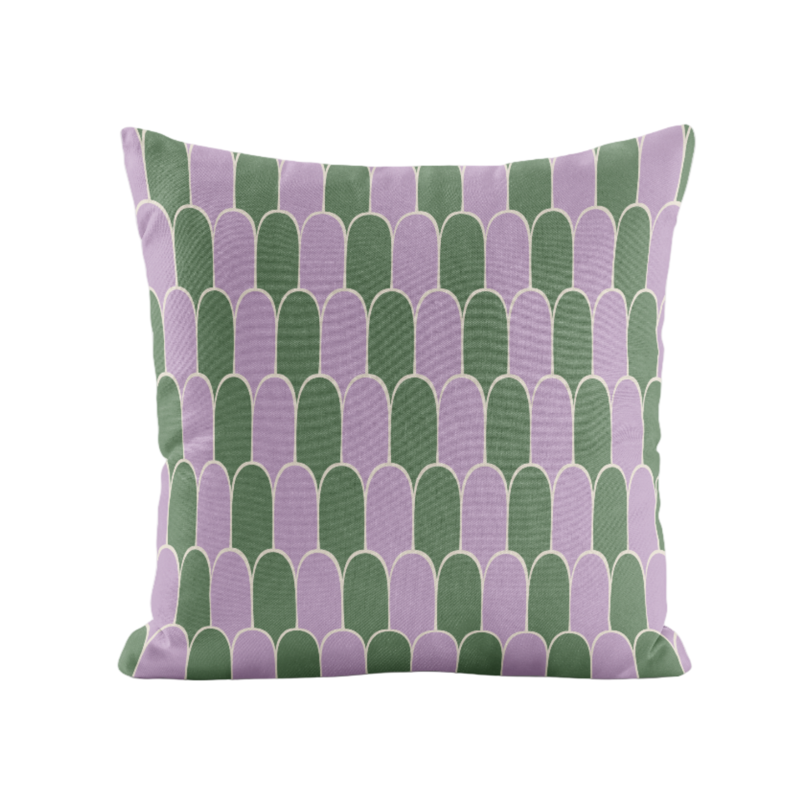 Decorative pillow with lavender and green geometric pattern on a white background