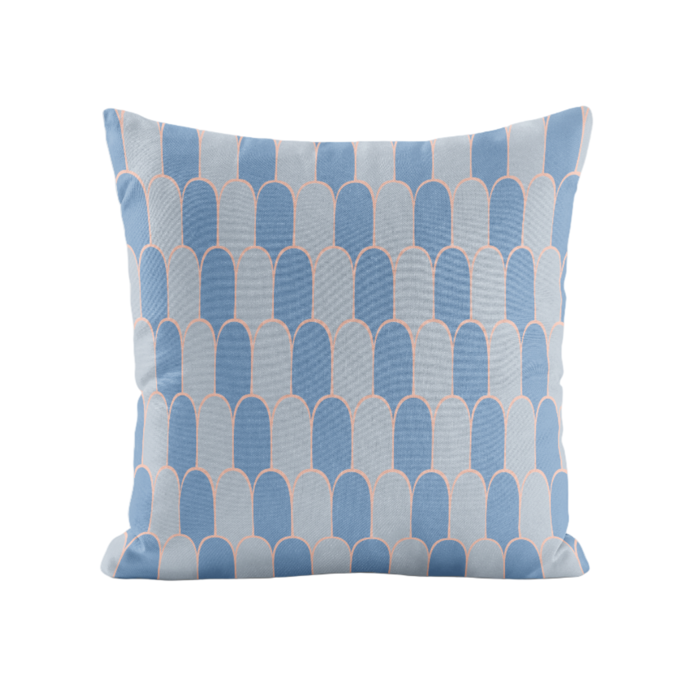 Decorative pillow with blue and pink geometric pattern on a white background