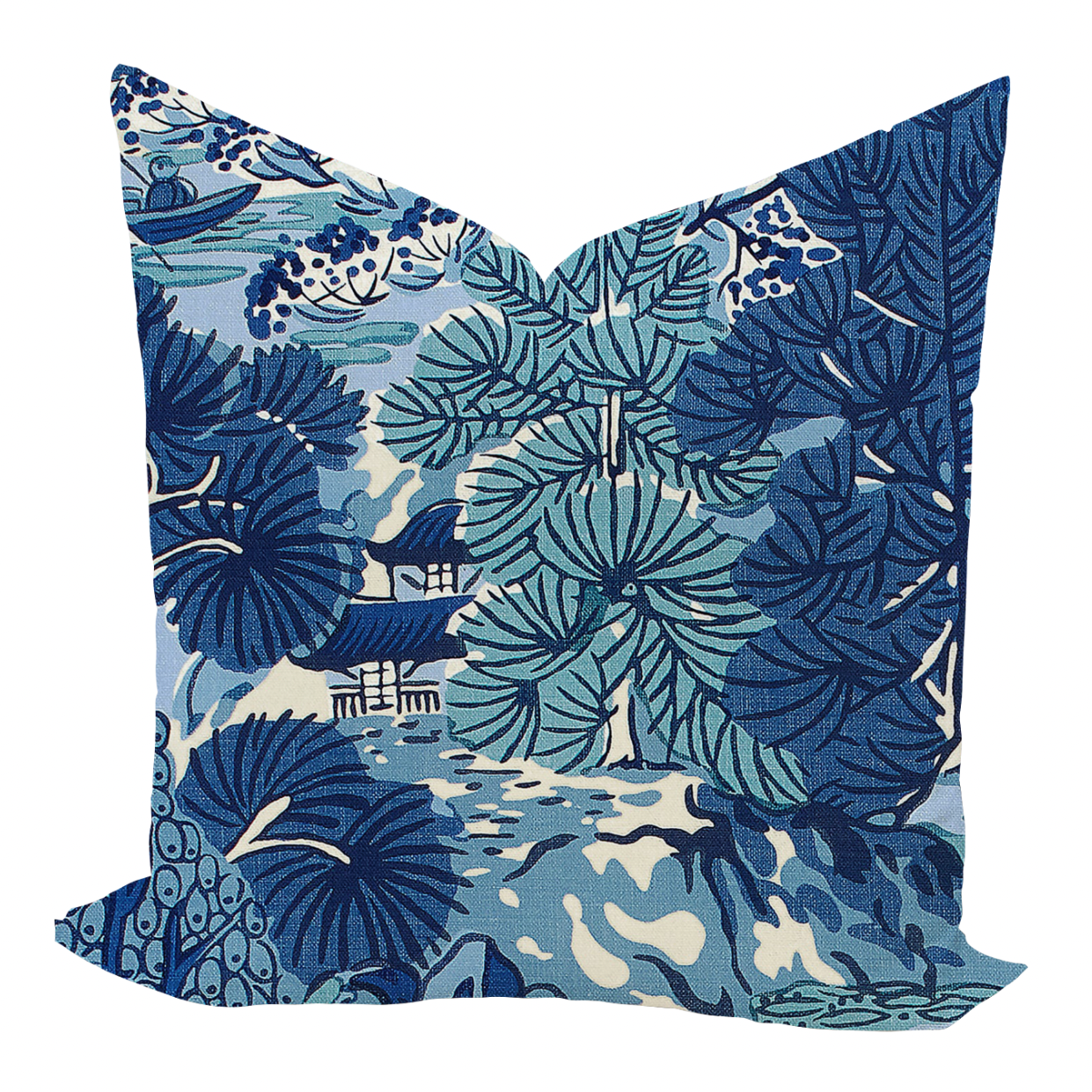 Blue floral patterned pillow on a white background