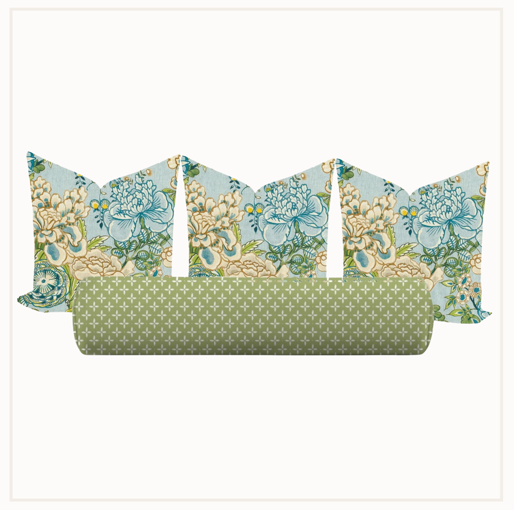 A set of five decorative pillows arranged against a plain white background: four tall rectangular pillows with a light blue floral print and one shorter cylindrical pillow in sage green with a small repeating geometric pattern.