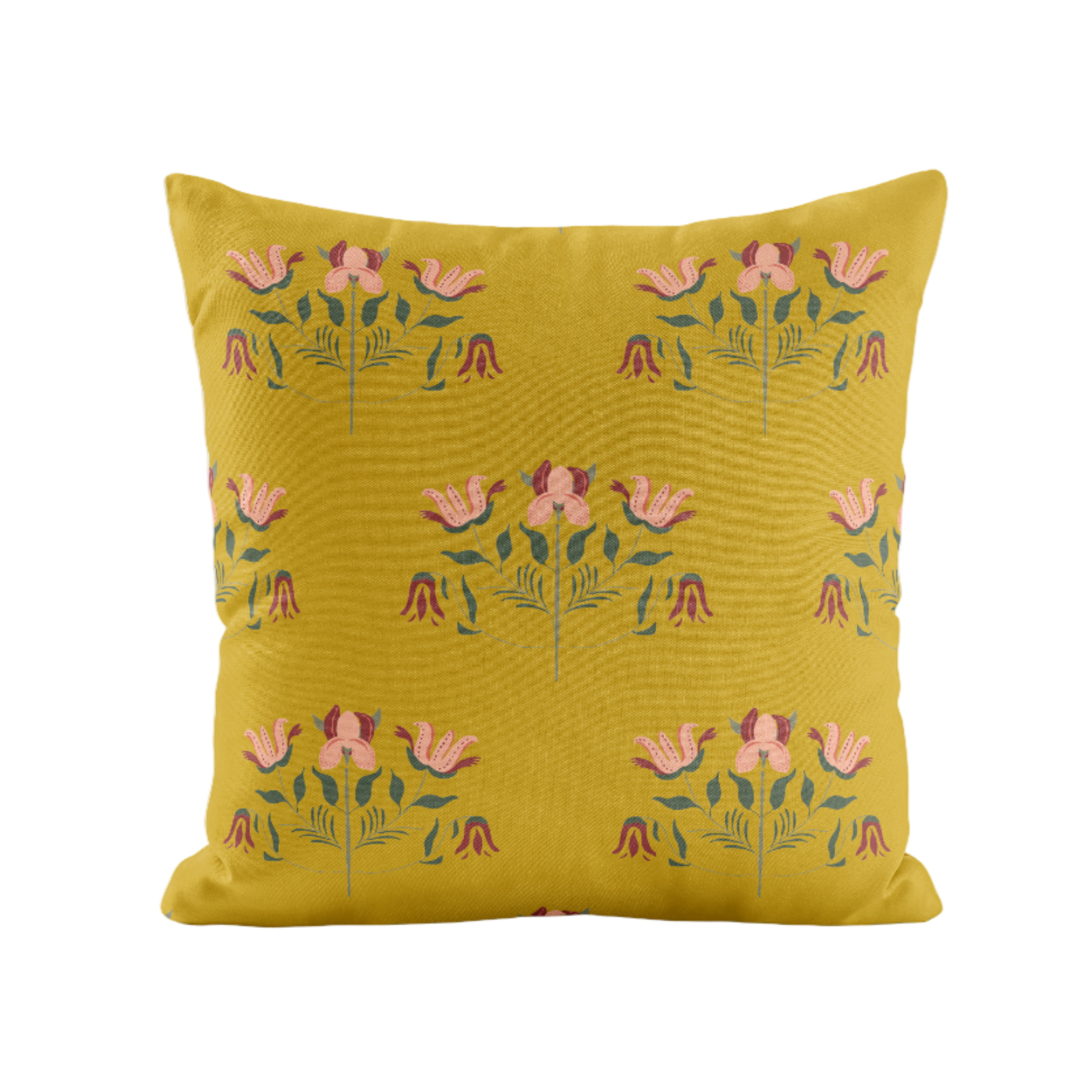 Chartreuse and peach floral pillow cover on a white background