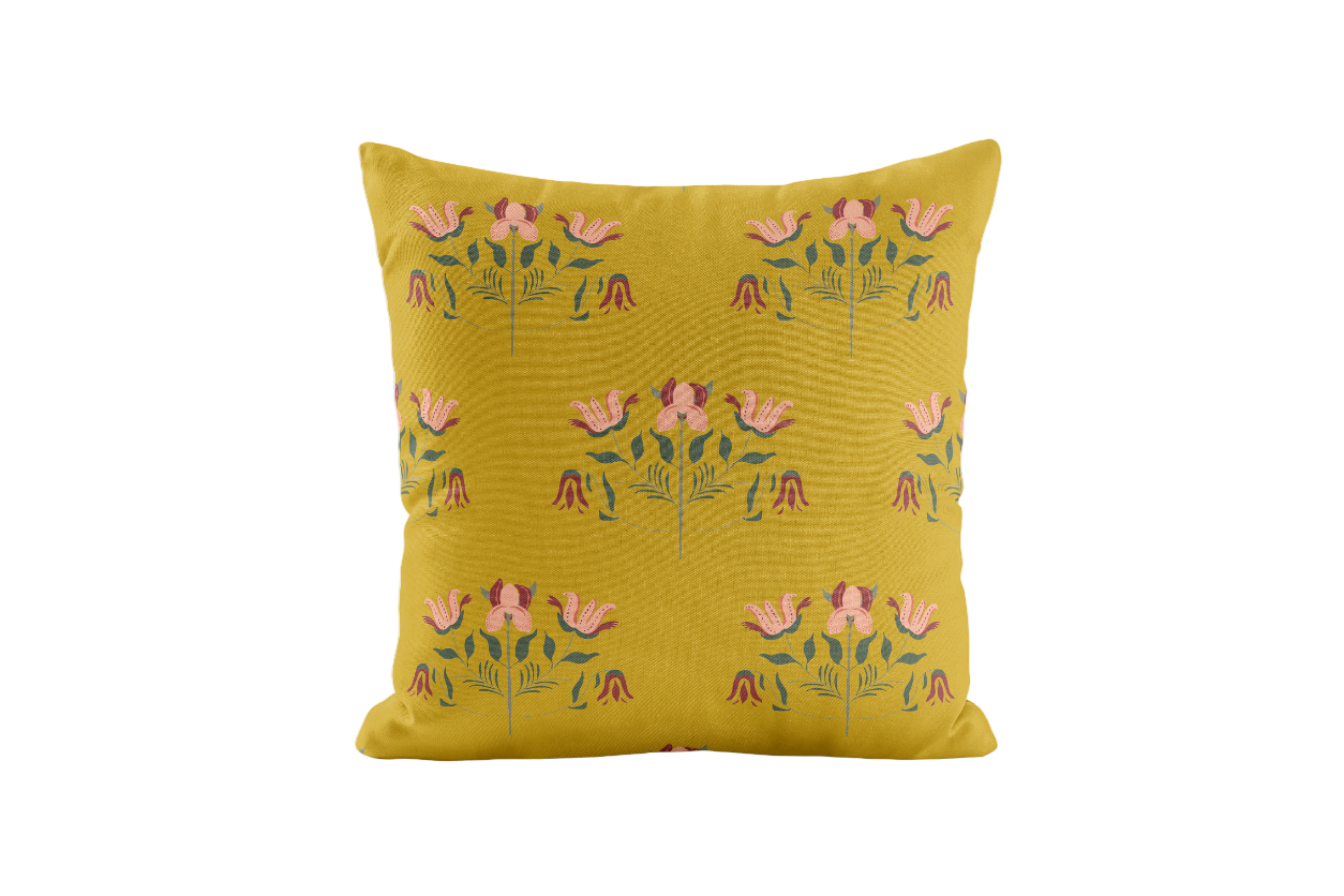Chartreuse and peach floral pillow cover on a white background