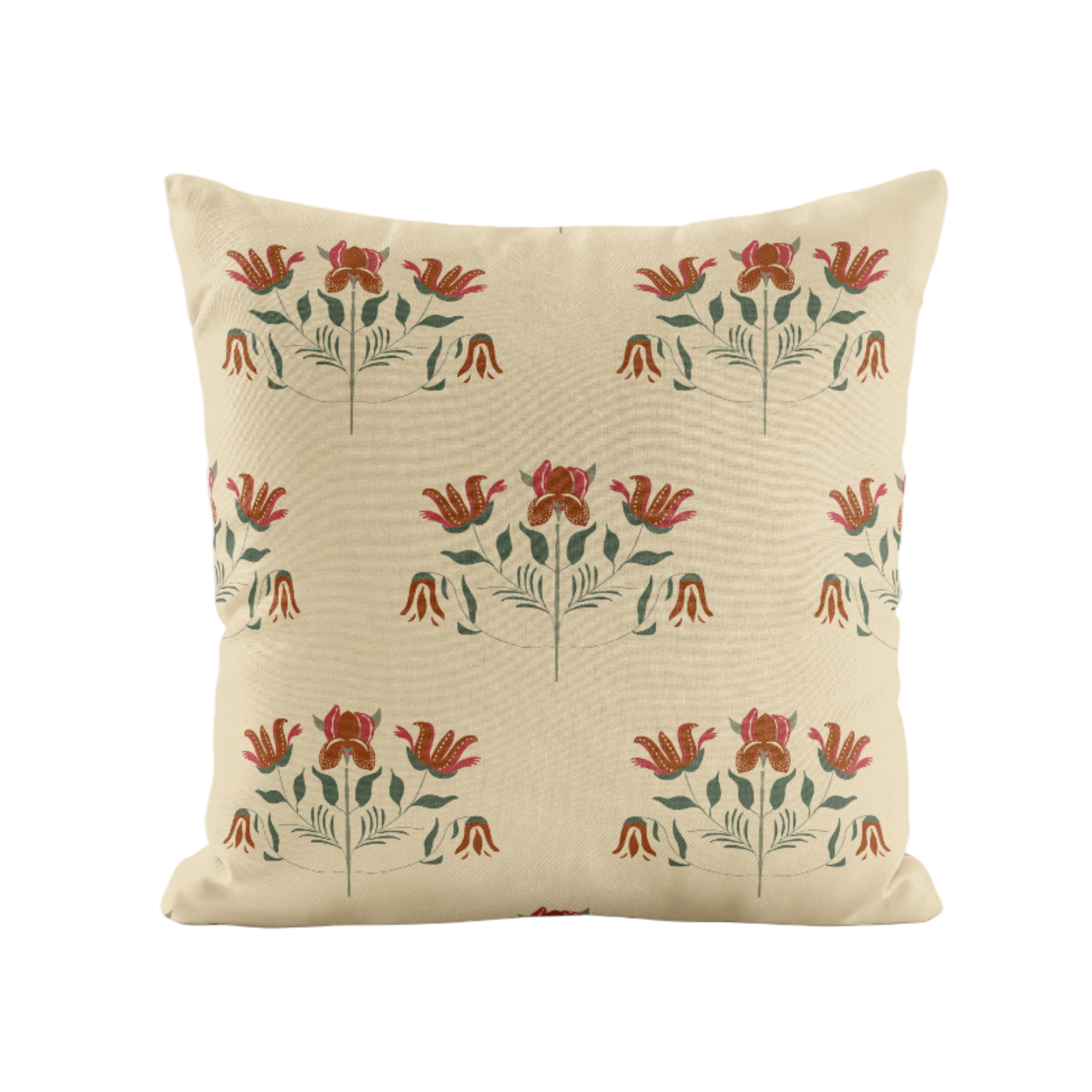 Decorative pillow with red and ivory floral pattern on a beige background
