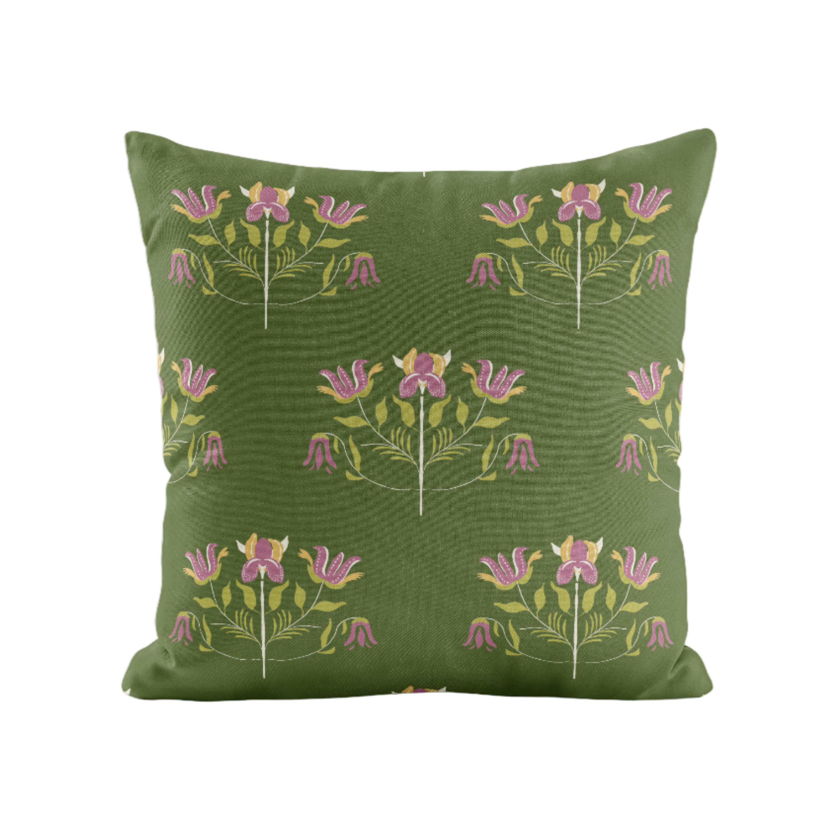 Green pillow with floral pattern on a white background