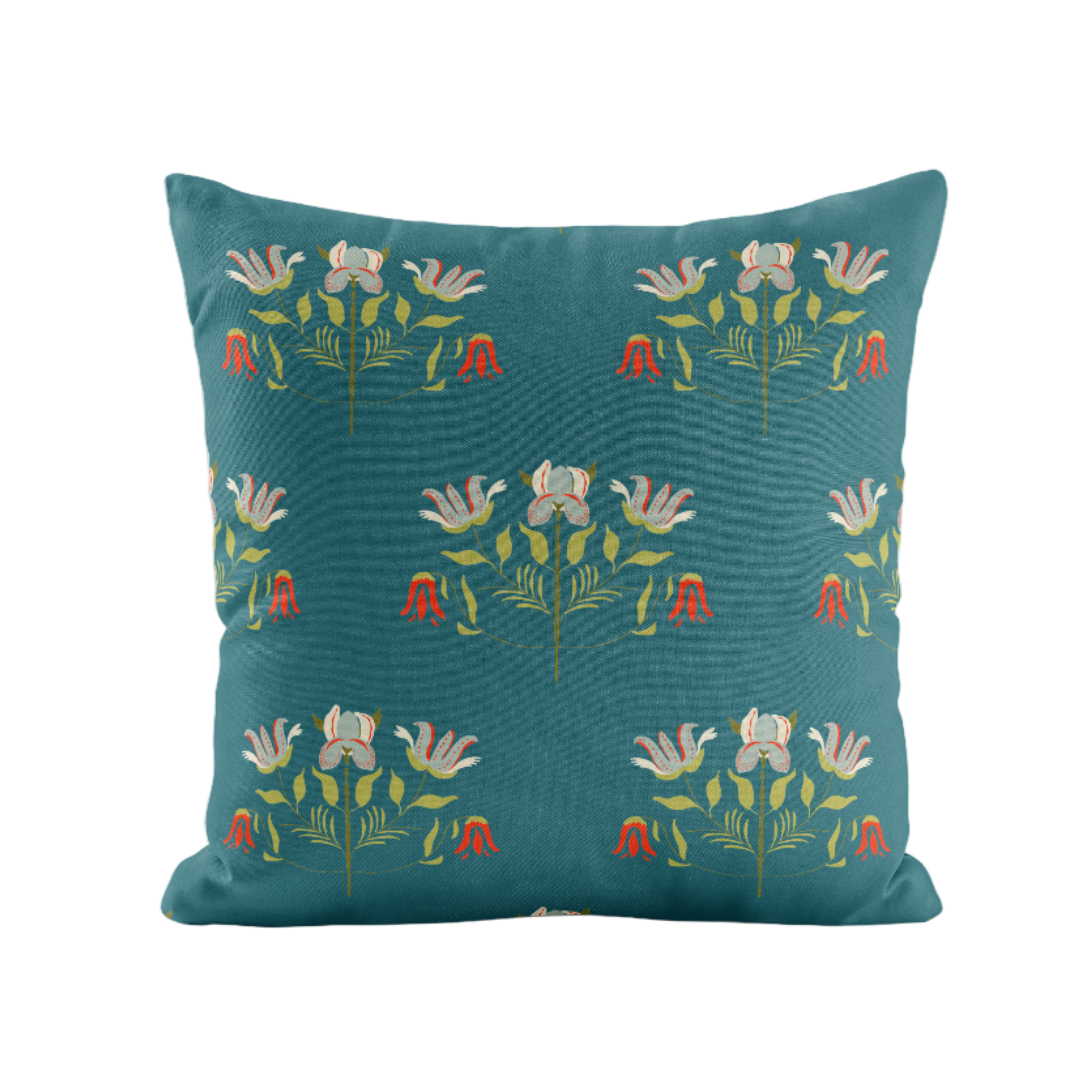 Teal pillow with floral pattern on a white background
