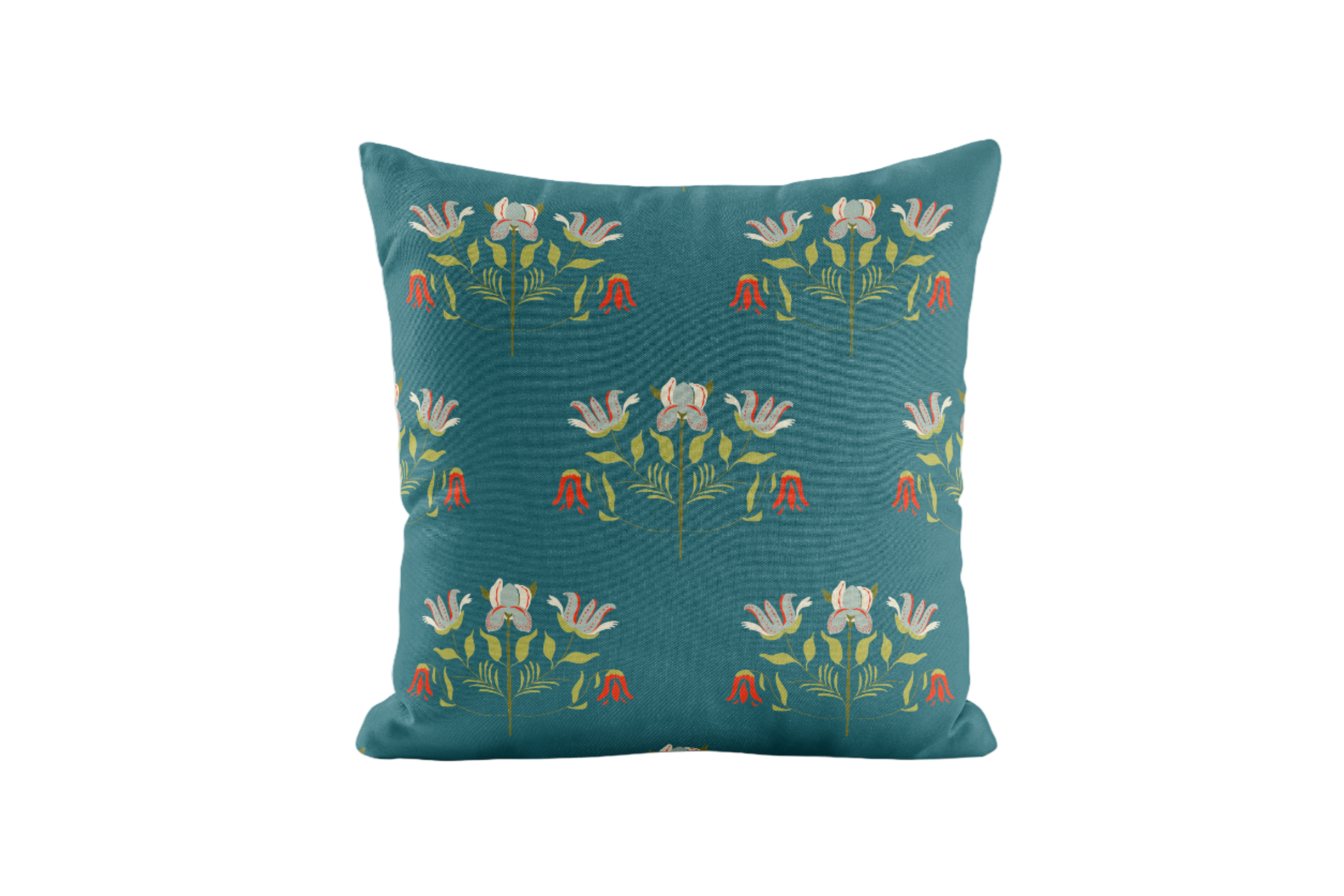 Teal pillow with floral pattern on a white background