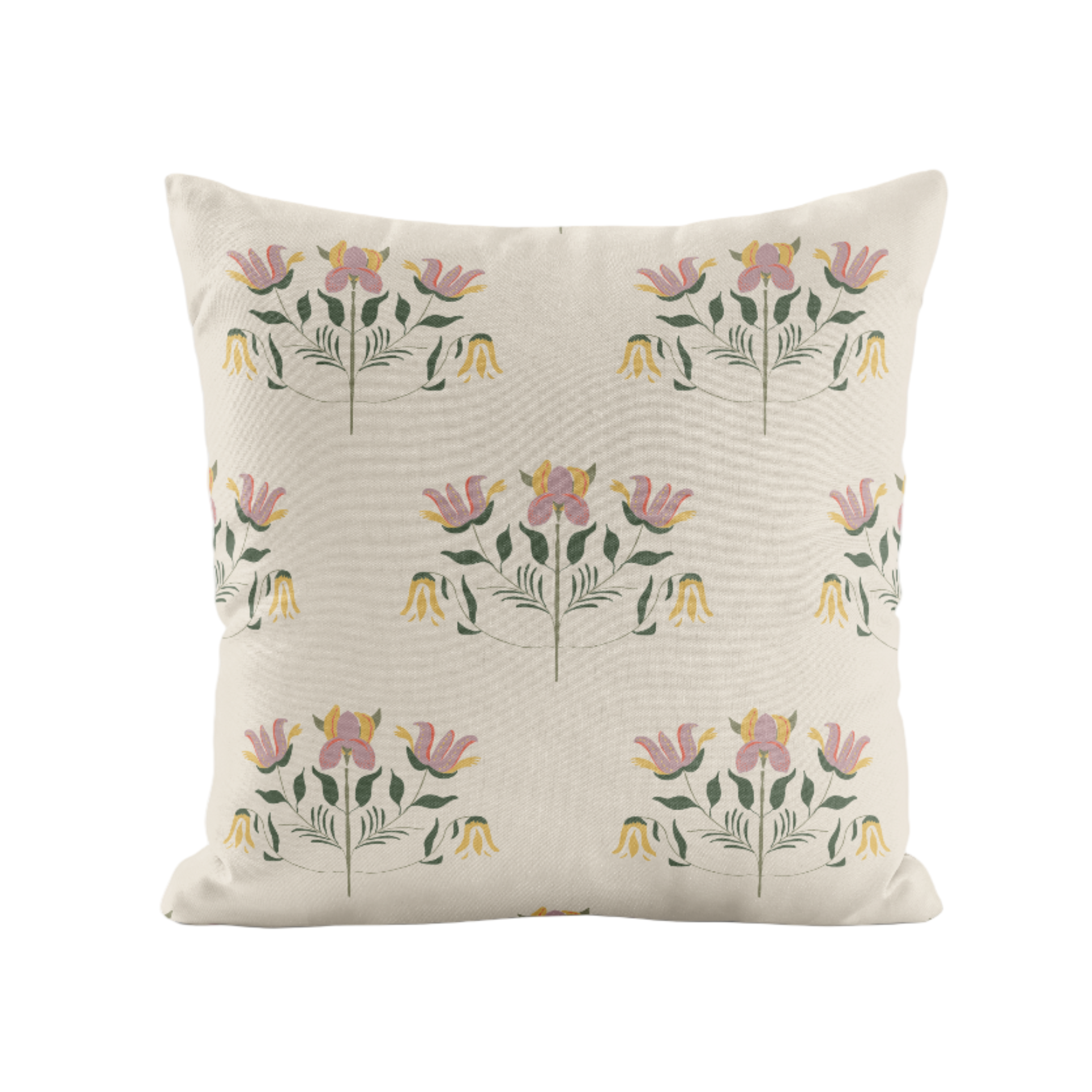 Decorative pillow with pink and green floral pattern on a white background