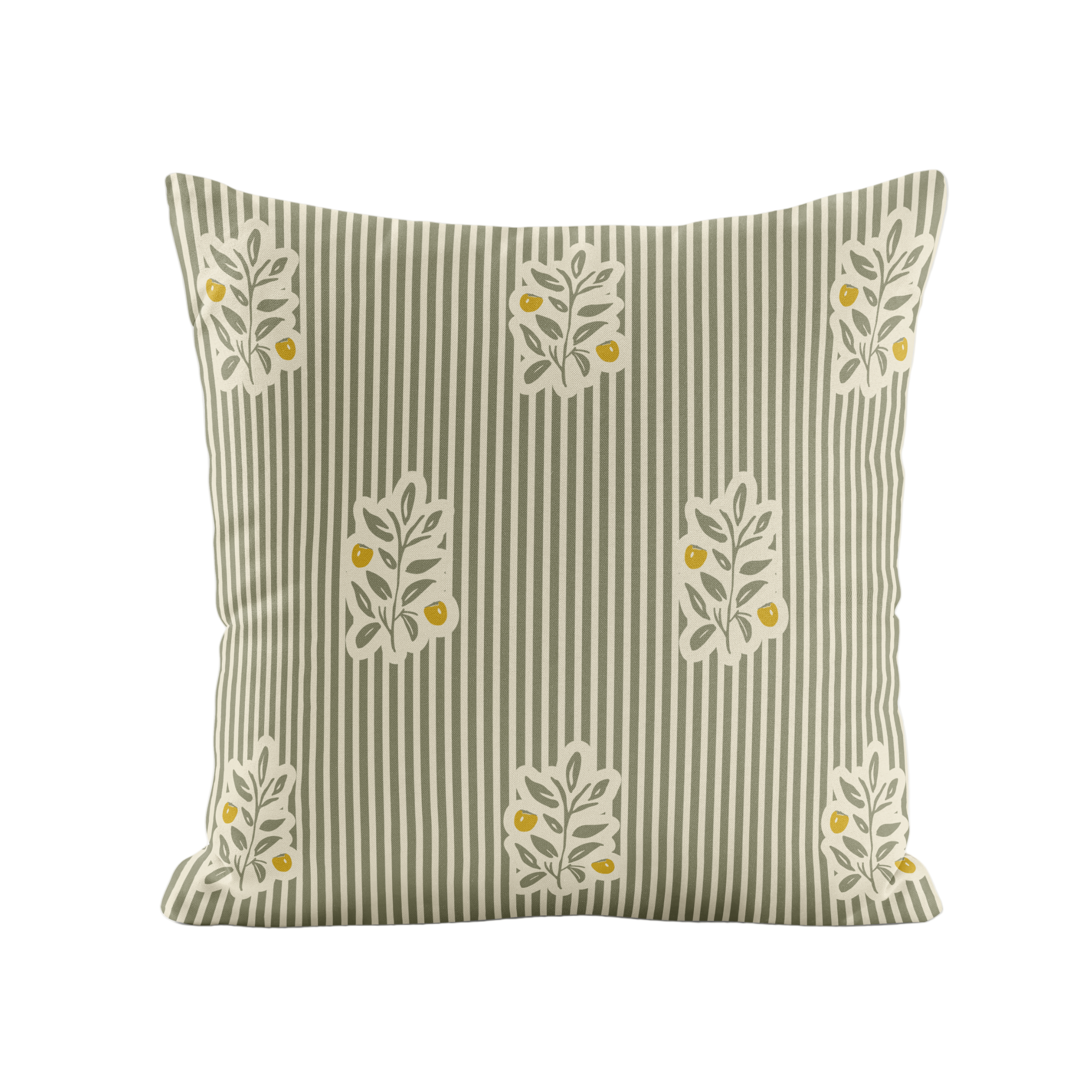 Decorative pillow with striped pattern and persimmons in olive and yellow.