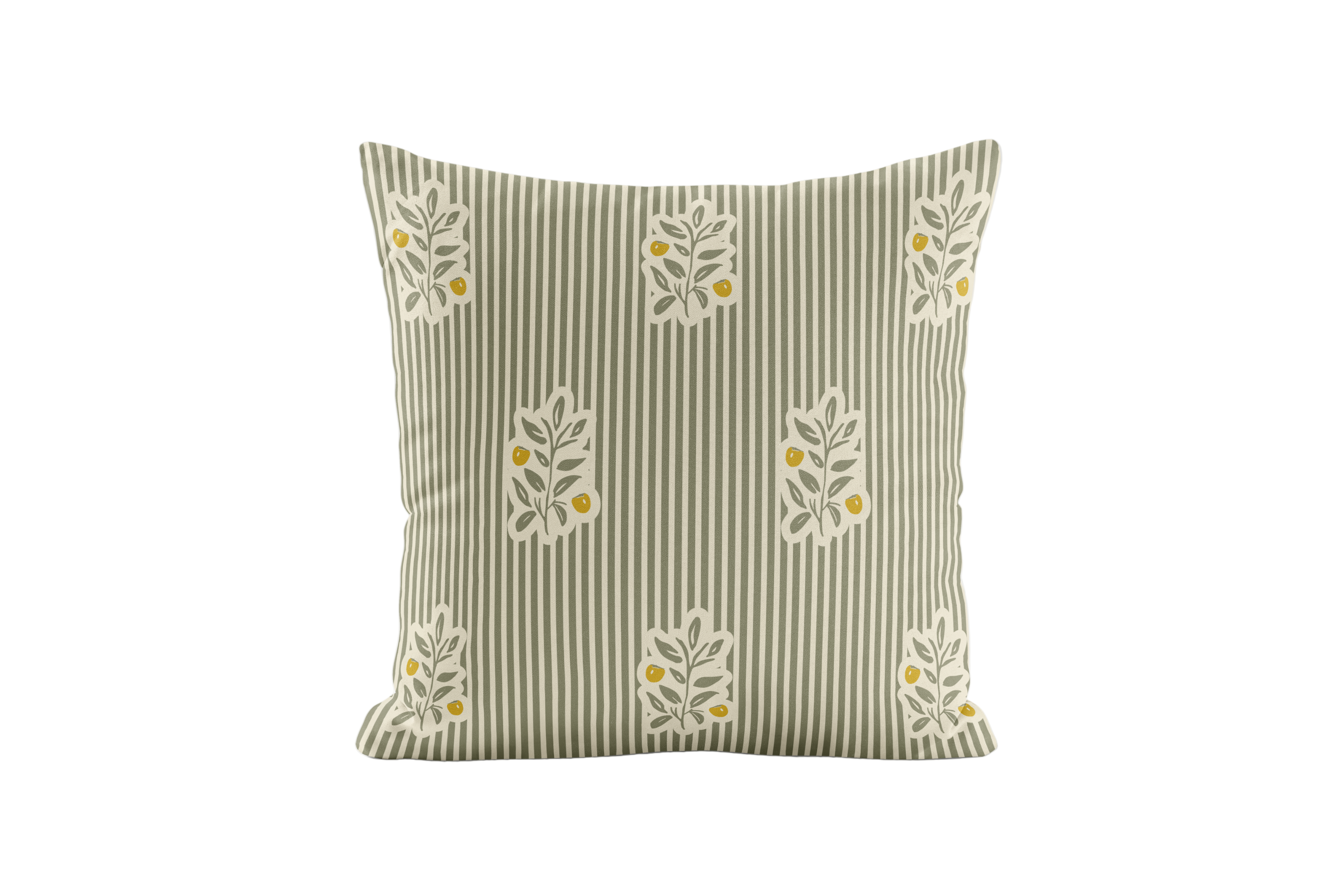 Decorative pillow with striped pattern and persimmons in olive and yellow.