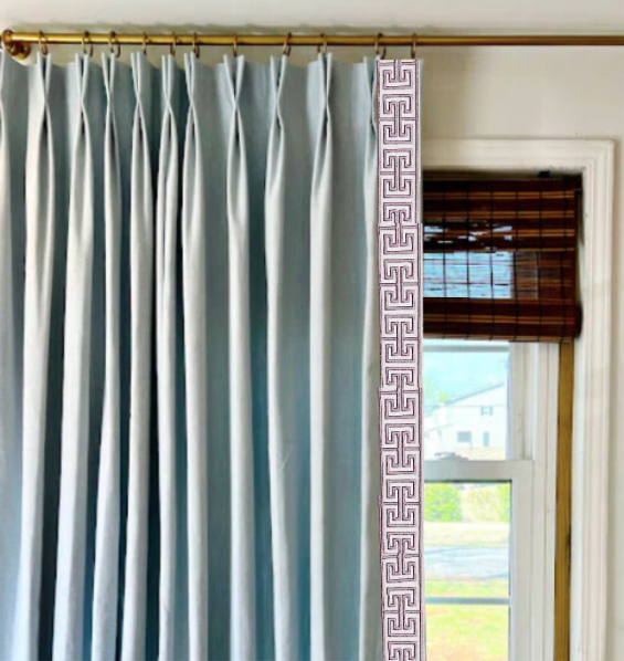 White French Pleat Curtains with Blue Greek key Trim